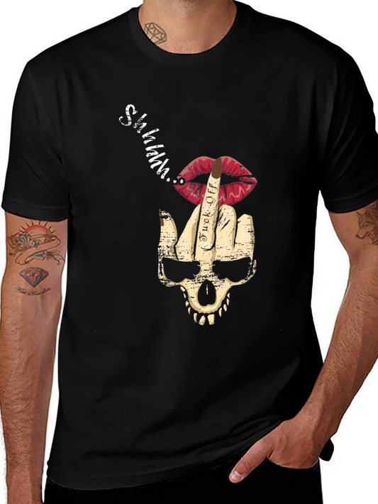 Skull Middle Finger Lips Mens Black Graphic T-Shirt