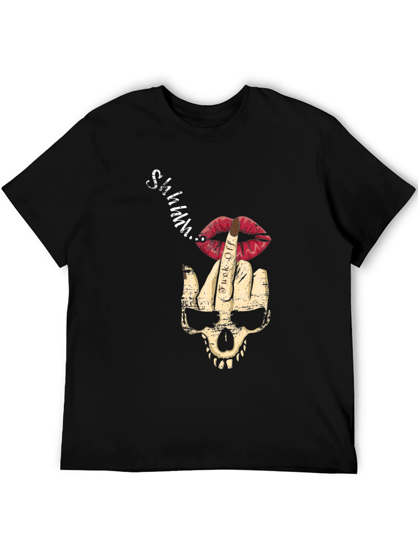 Skull Middle Finger Lips Mens Black Graphic T-Shirt