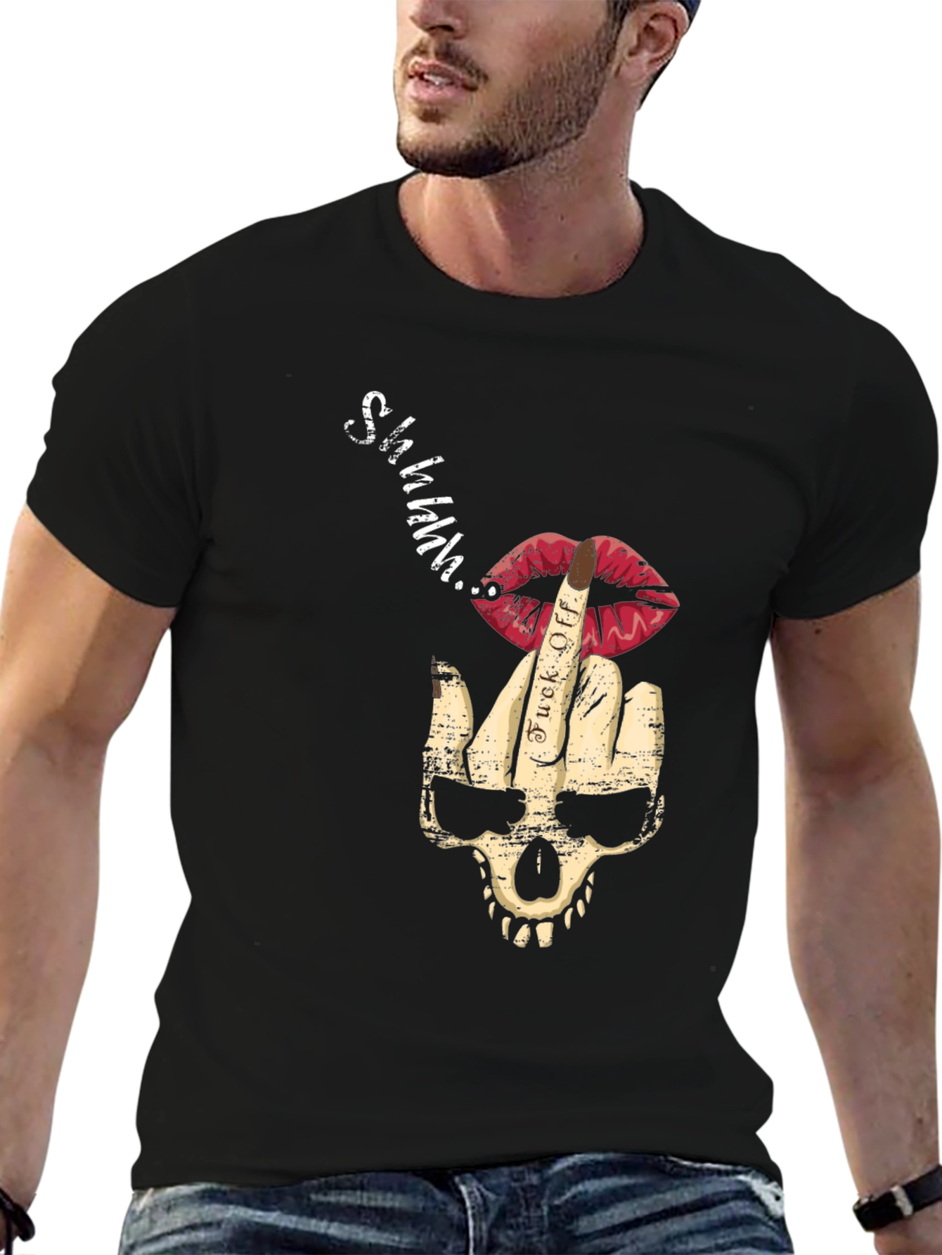 Skull Middle Finger Lips Mens Black Graphic T-Shirt