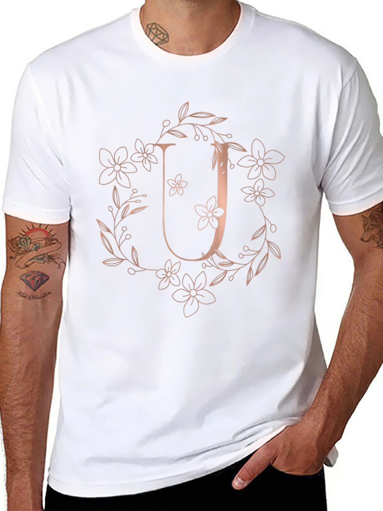 Floral Letter U Graphic Tee - Black