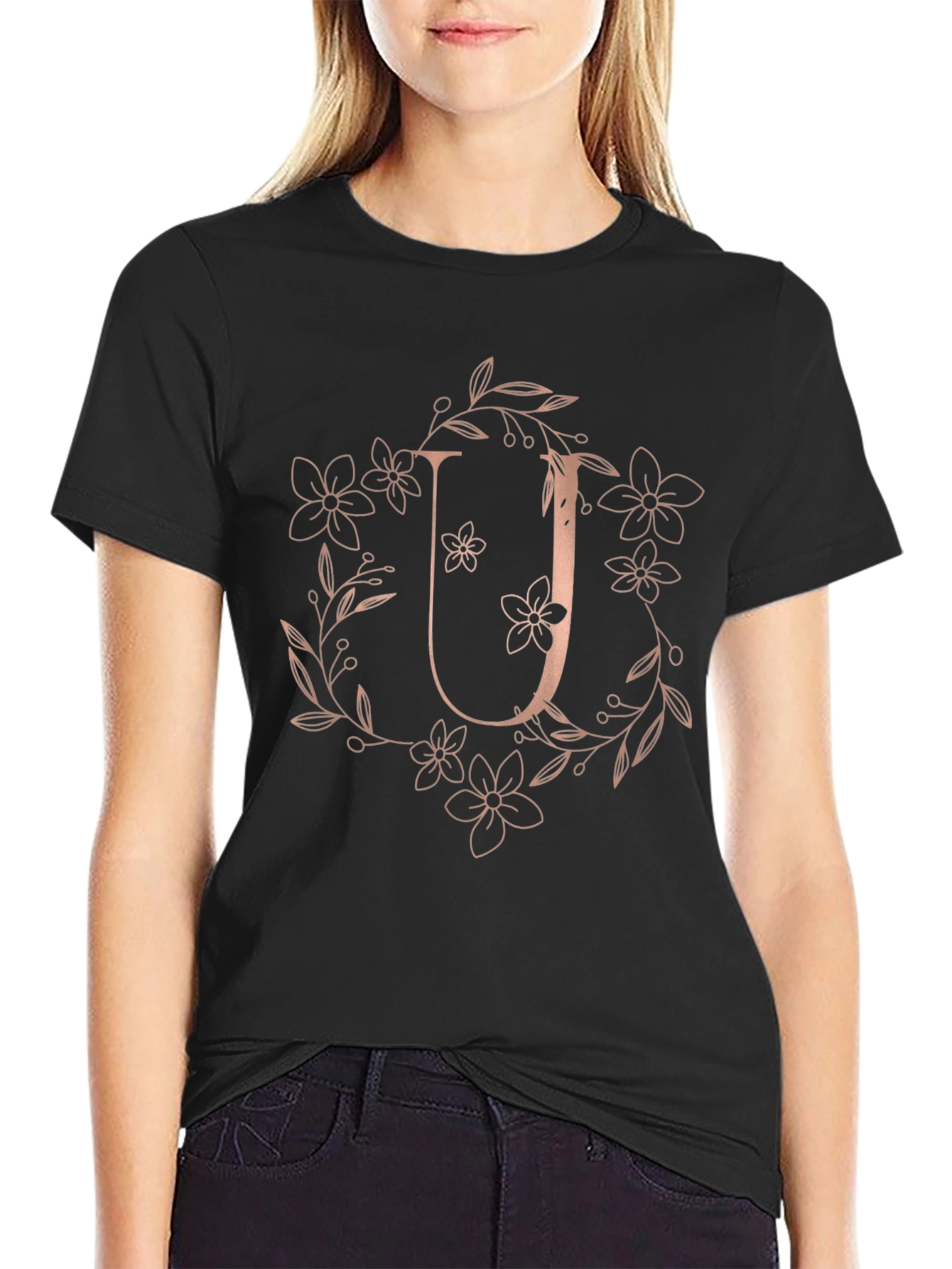 Floral Letter U Graphic Tee - Black