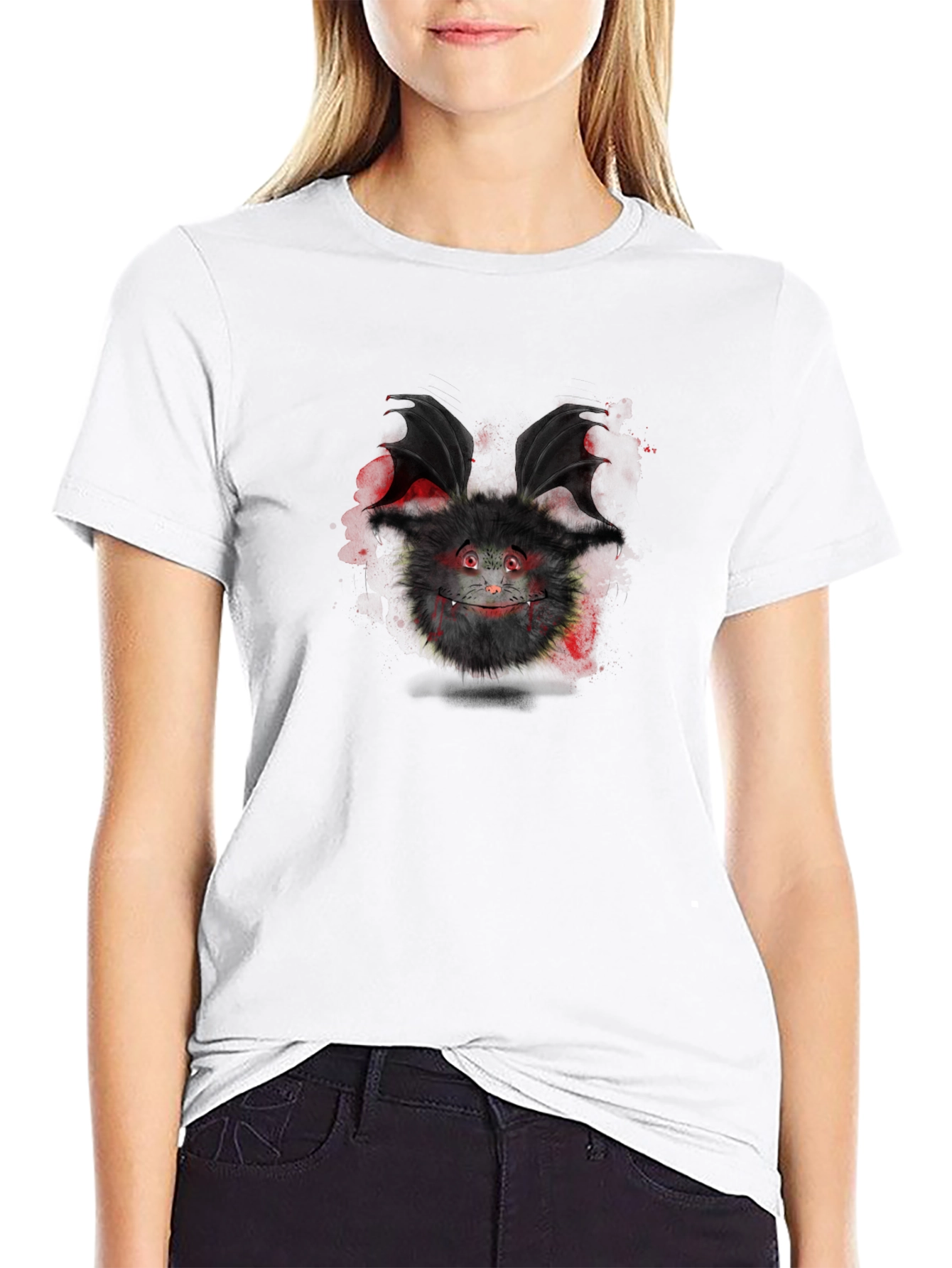 Cute Fluffy Monster Bat Graphic Tee - Black