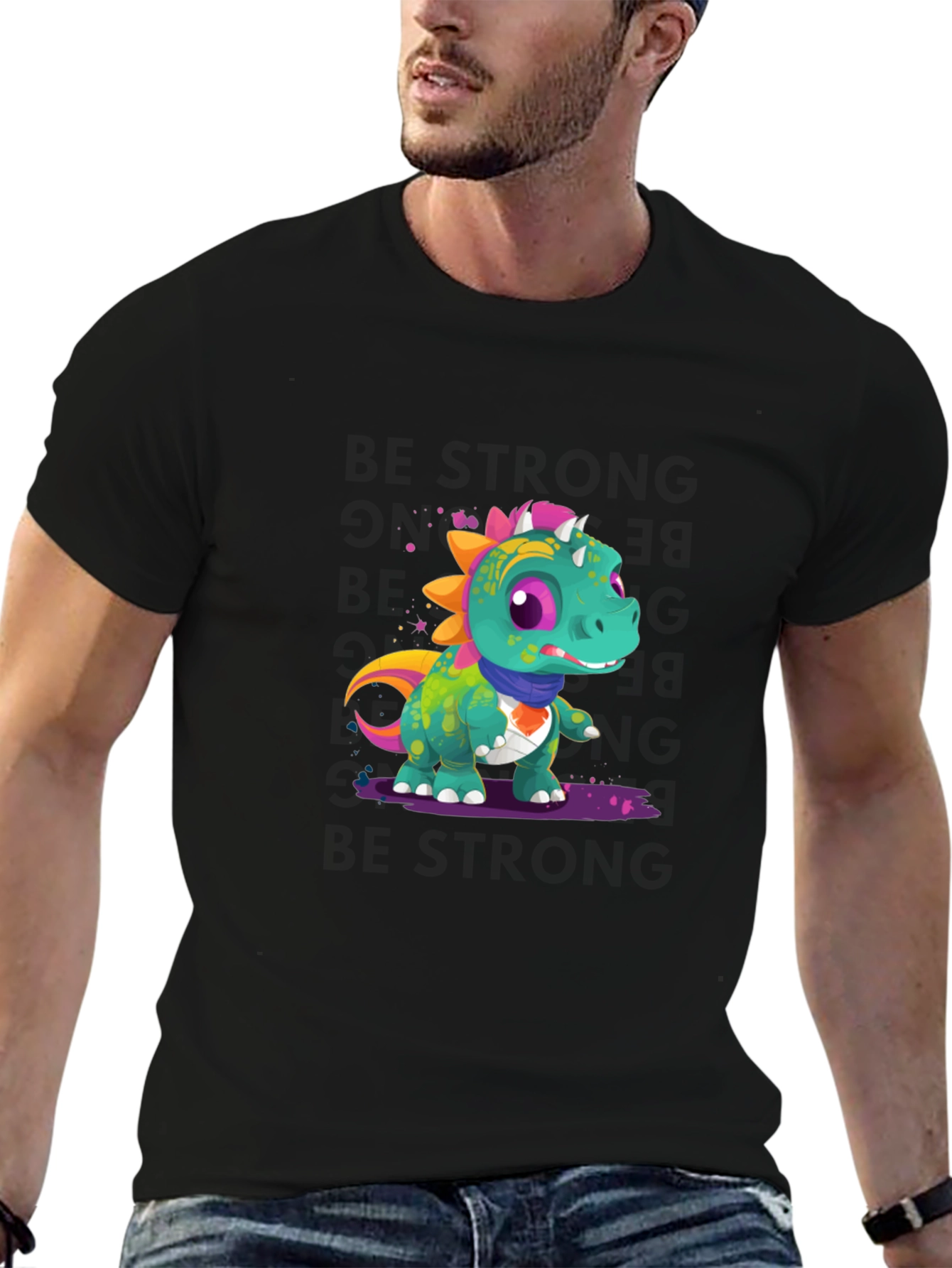 Cartoon Dinosaur Graphic Tee - Black