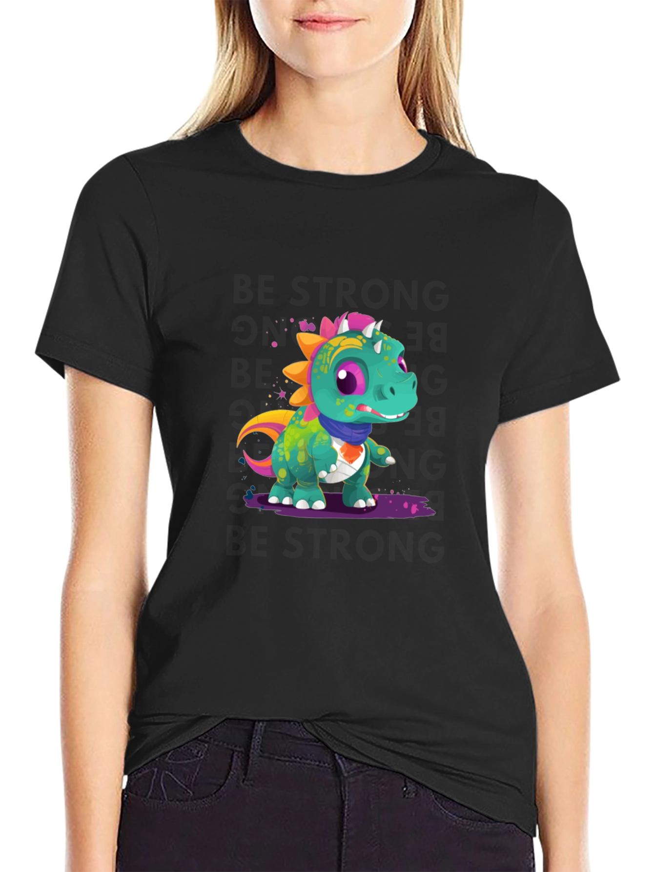 Cartoon Dinosaur Graphic Tee - Black