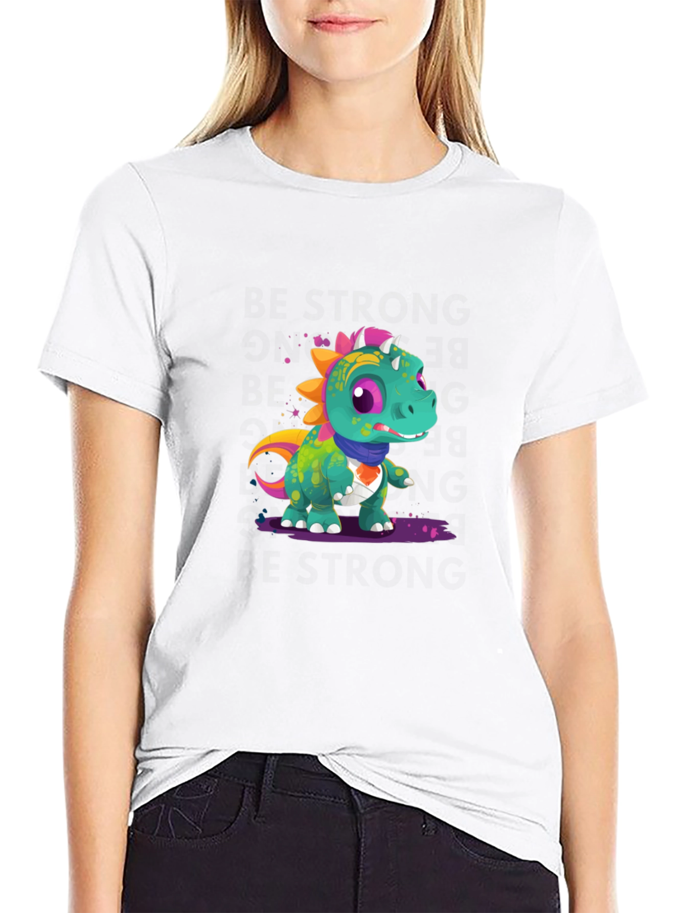 Cartoon Dinosaur Graphic Tee - Black