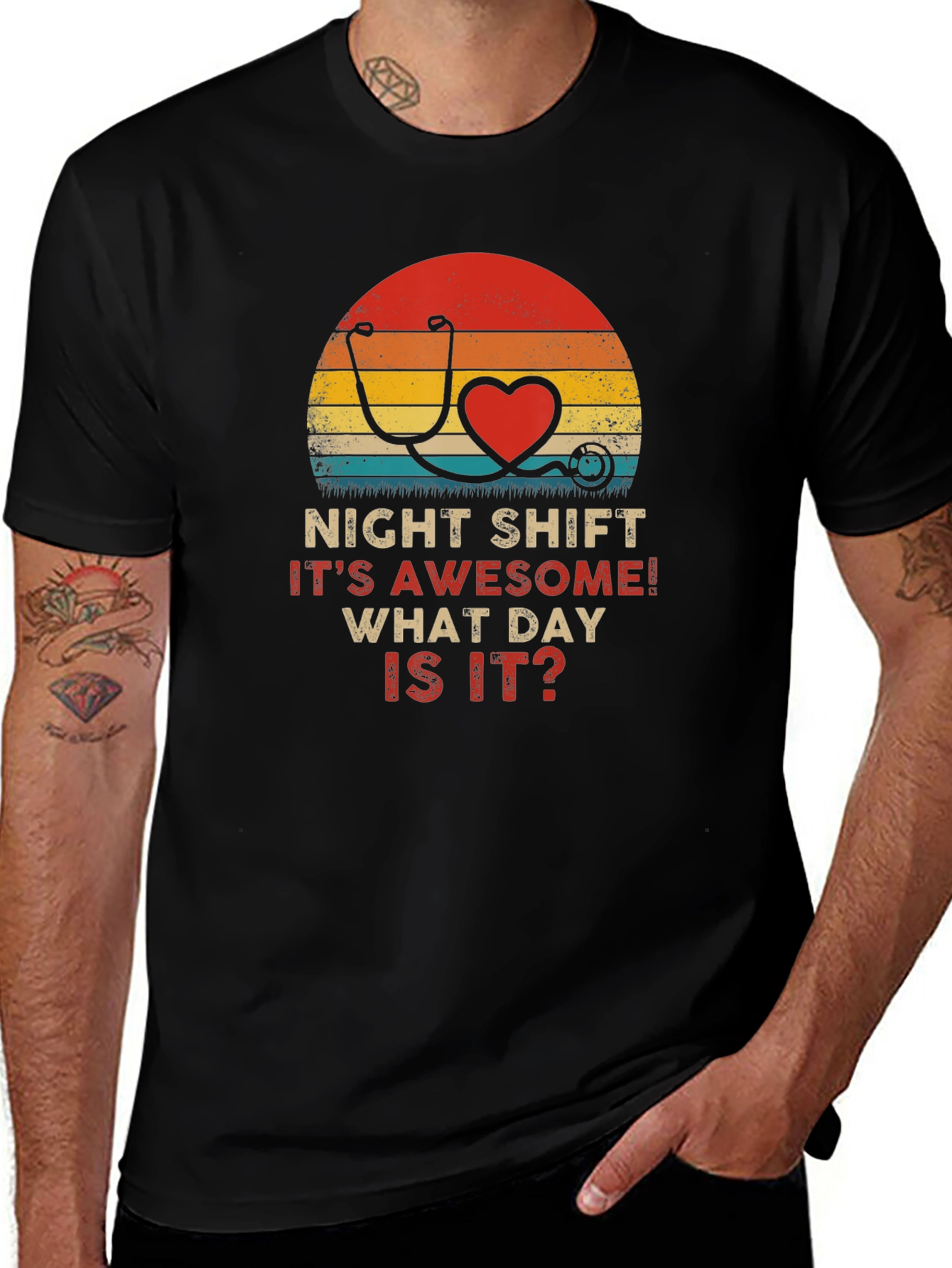 Night Shift Nurse Stethoscope Heart Retro T-Shirt
