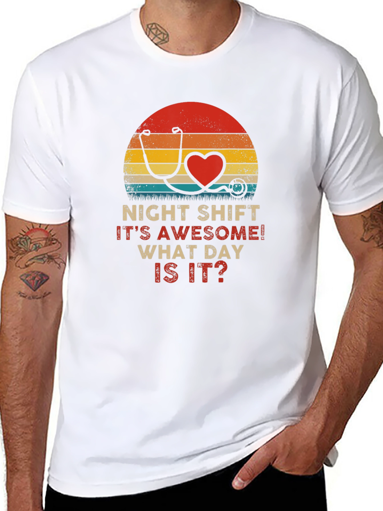 Night Shift Nurse Stethoscope Heart Retro T-Shirt