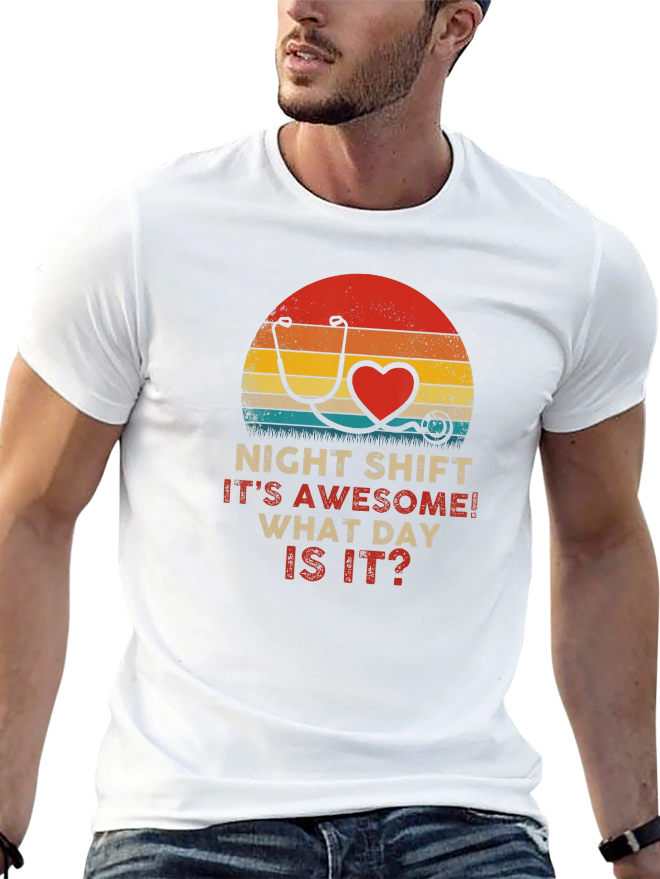 Night Shift Nurse Stethoscope Heart Retro T-Shirt