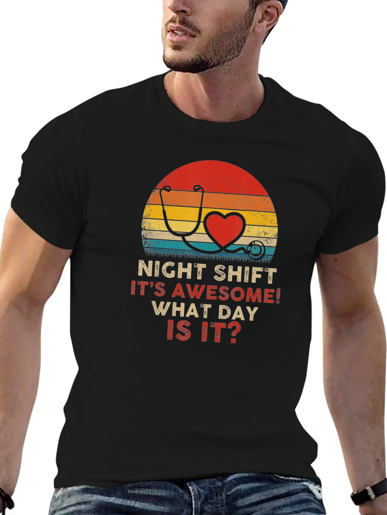 Night Shift Nurse Stethoscope Heart Retro T-Shirt