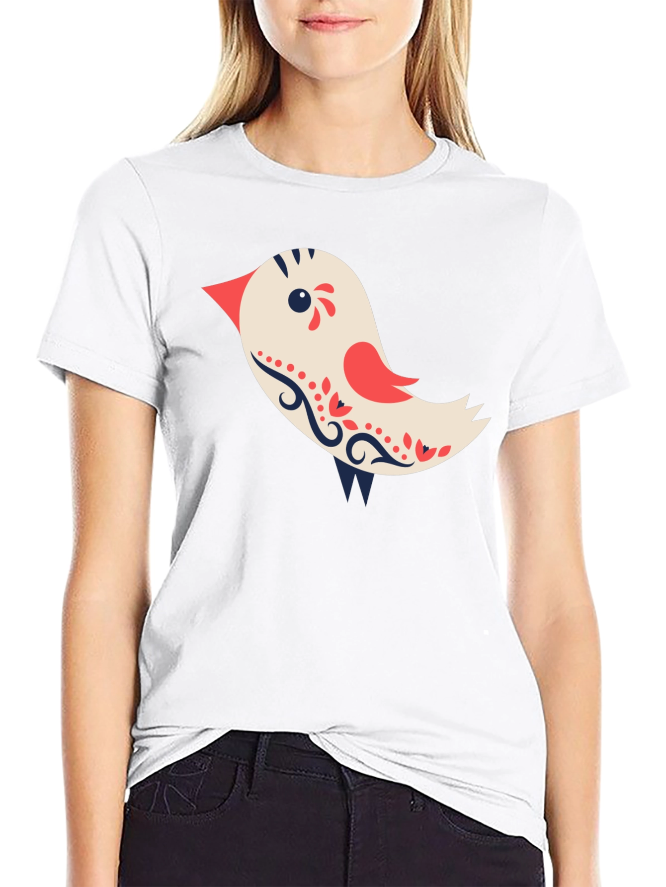 Cute Bird Graphic Tee - Black Cotton T-Shirt