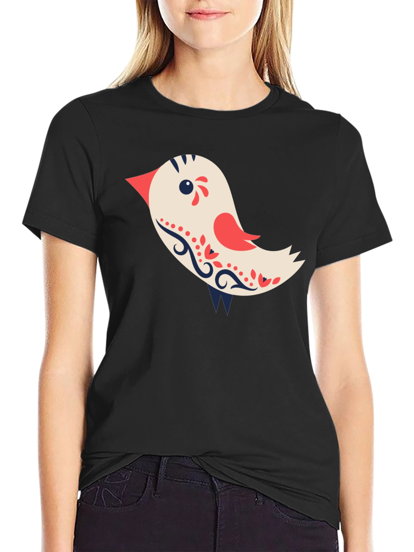 Cute Bird Graphic Tee - Black Cotton T-Shirt