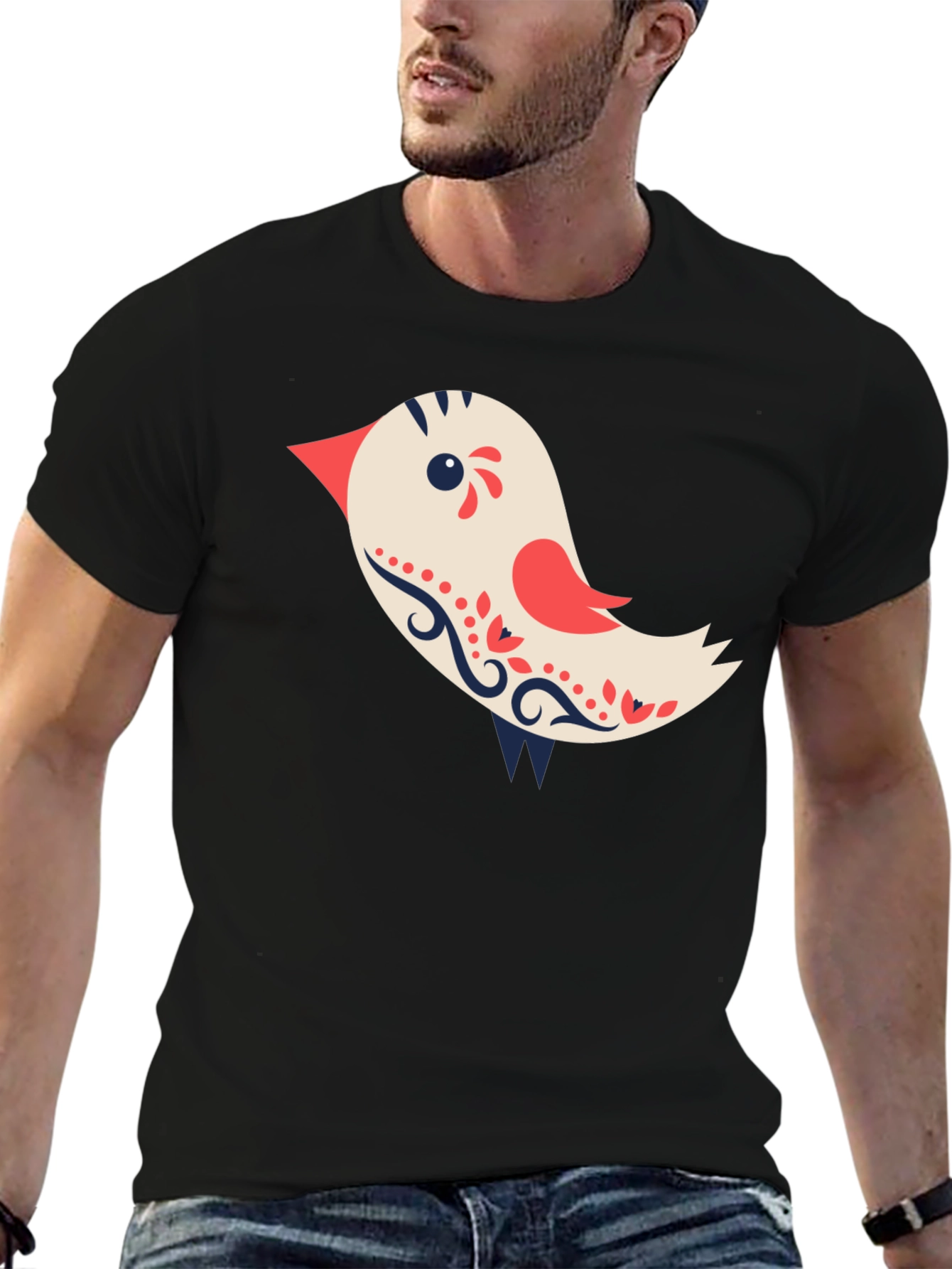 Cute Bird Graphic Tee - Black Cotton T-Shirt
