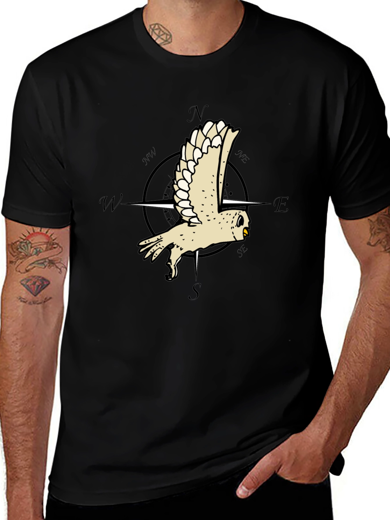 Owl Compass Graphic Tee - Mens Black T-Shirt