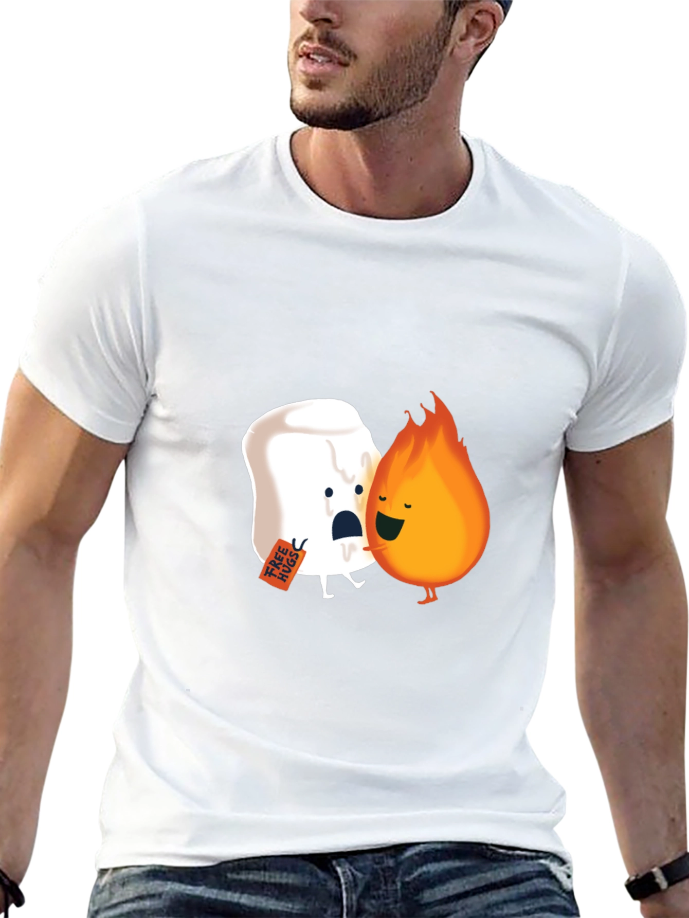 Funny Marshmallow Fire Hug Black T-Shirt