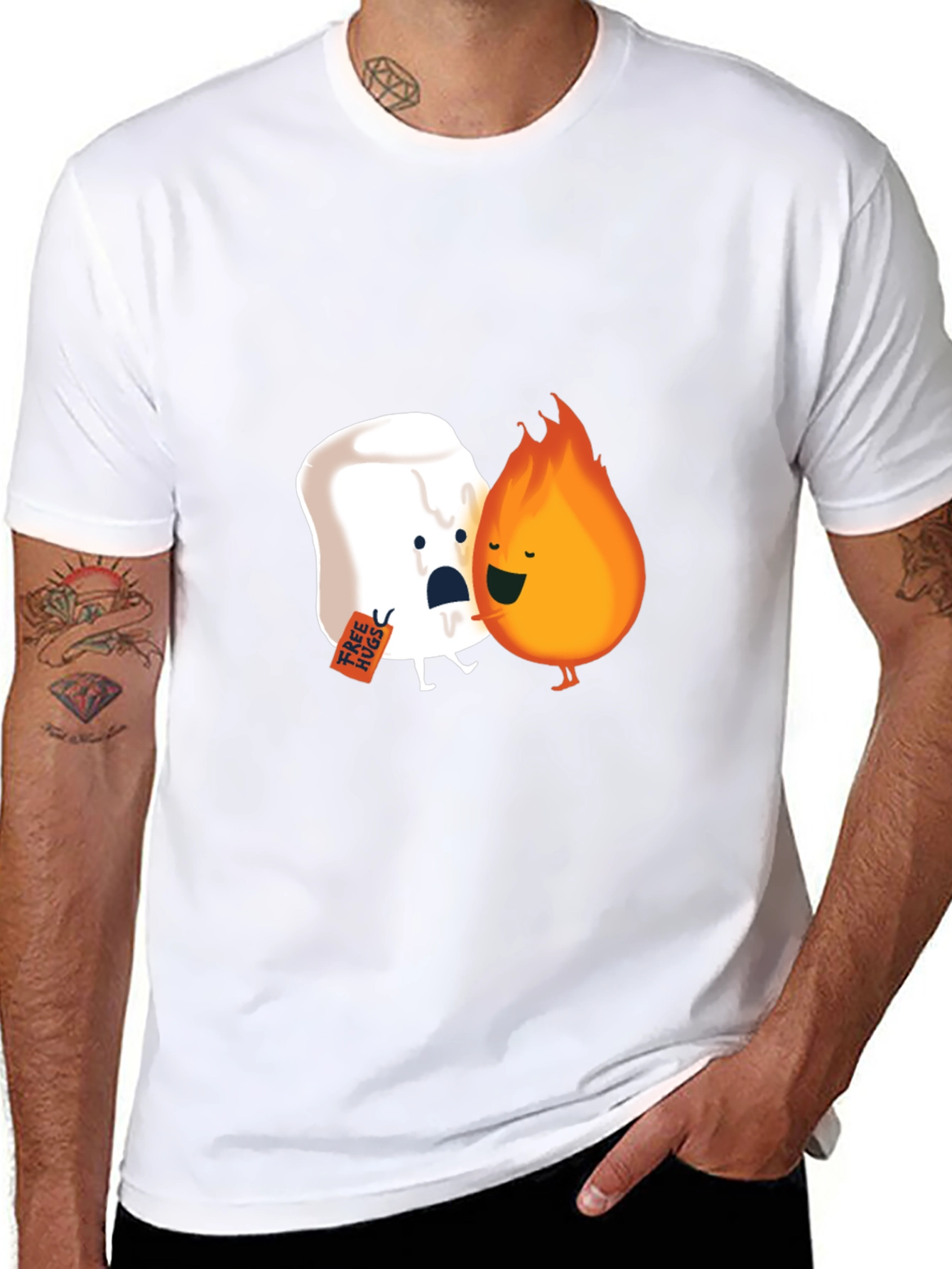 Funny Marshmallow Fire Hug Black T-Shirt