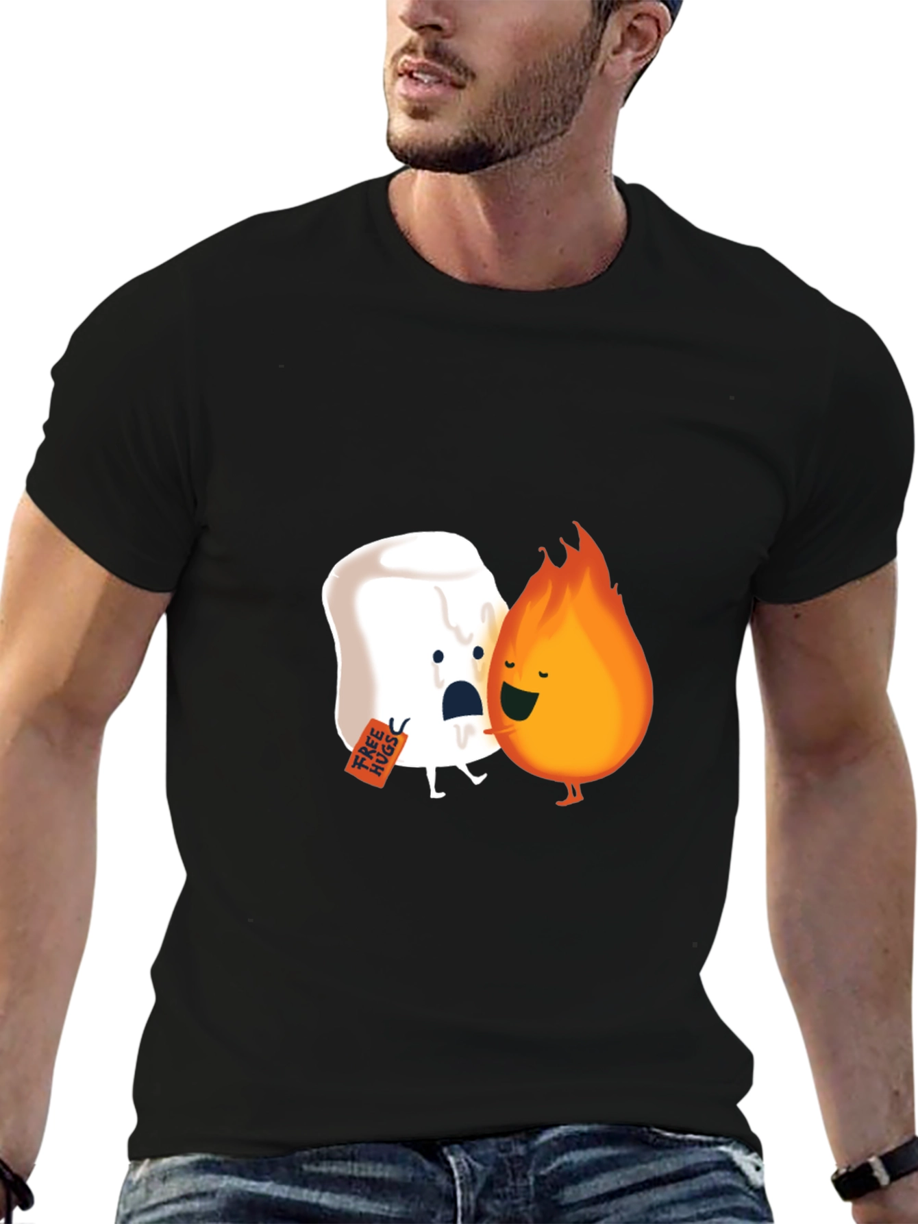 Funny Marshmallow Fire Hug Black T-Shirt