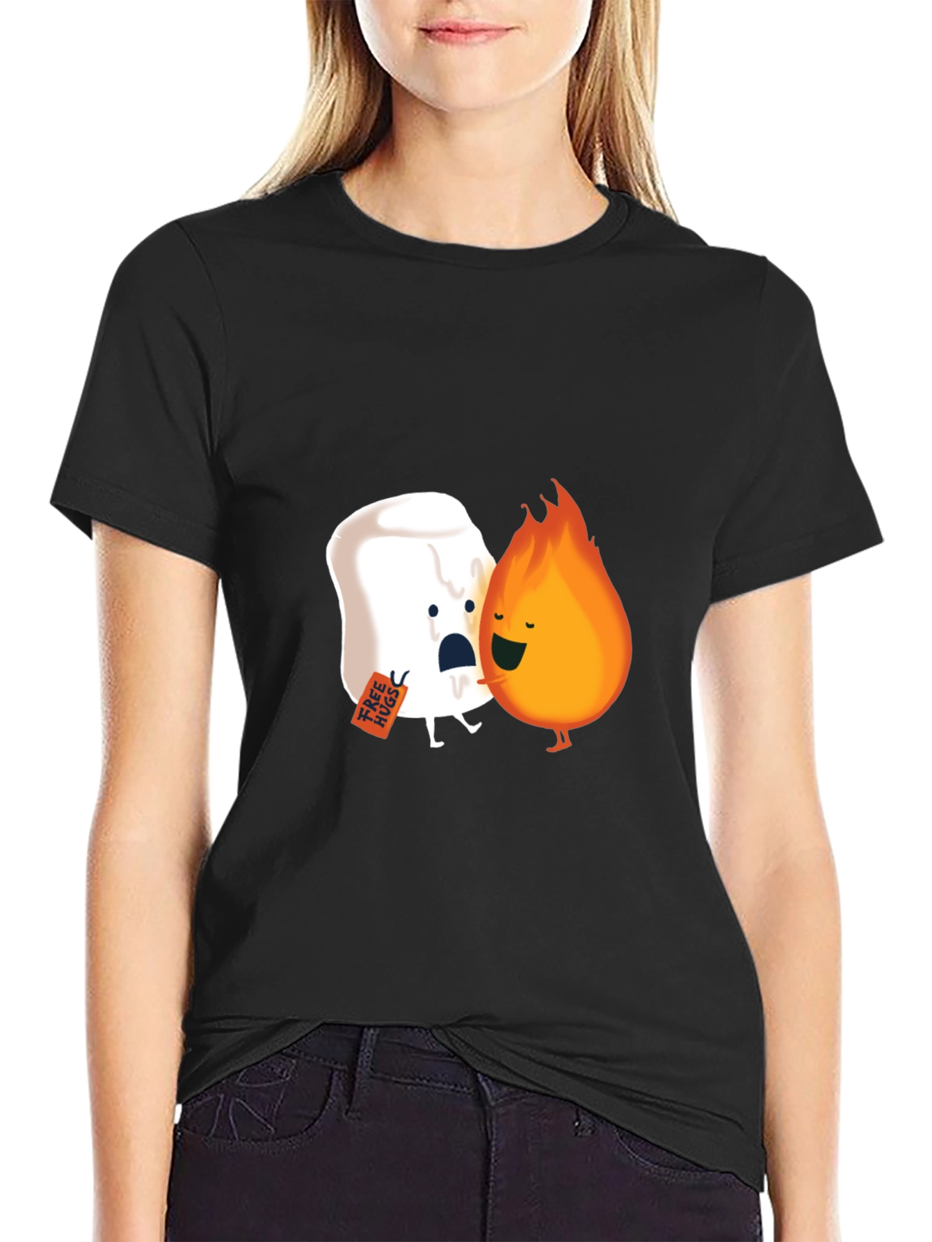 Funny Marshmallow Fire Hug Black T-Shirt