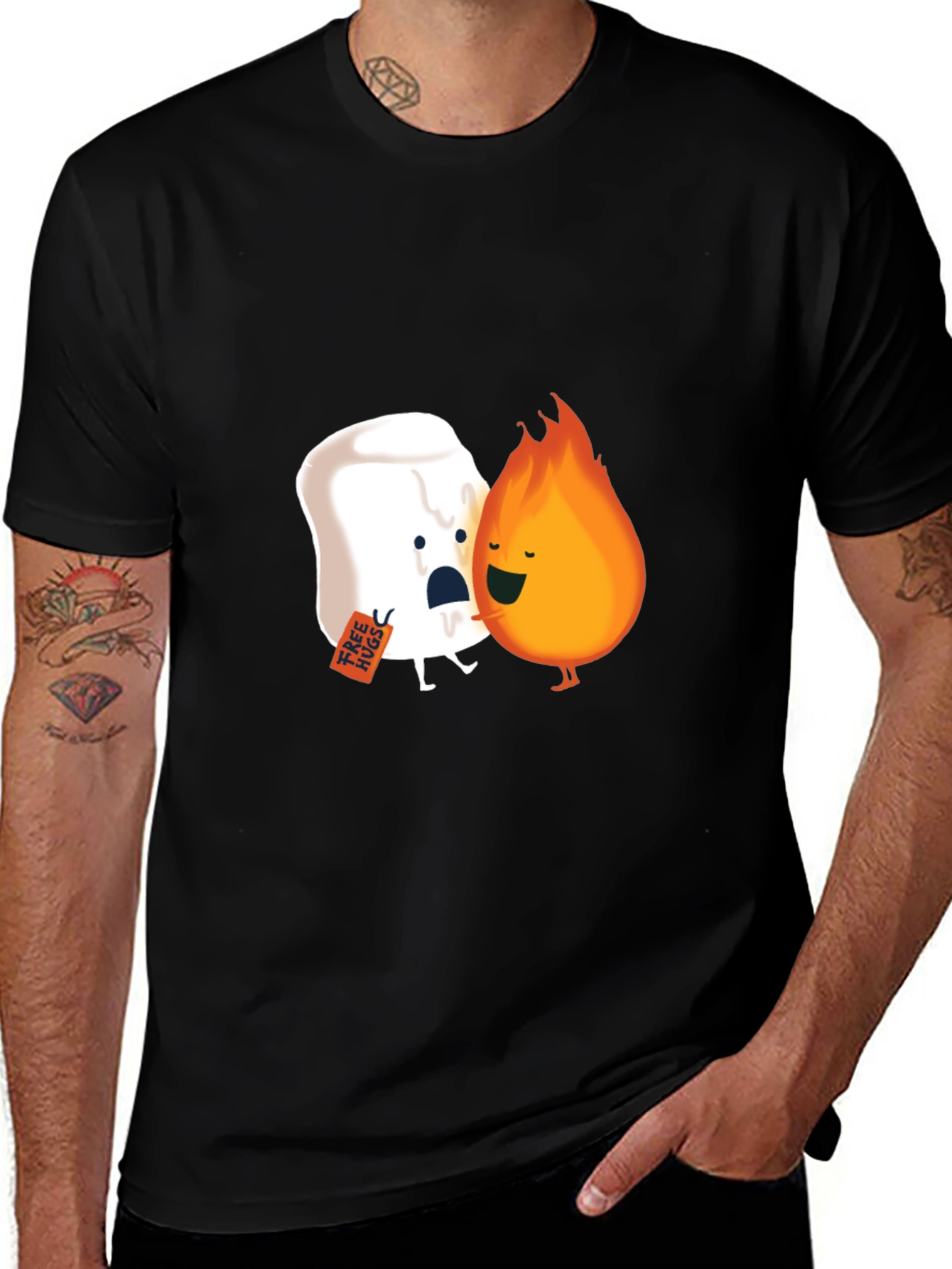 Funny Marshmallow Fire Hug Black T-Shirt