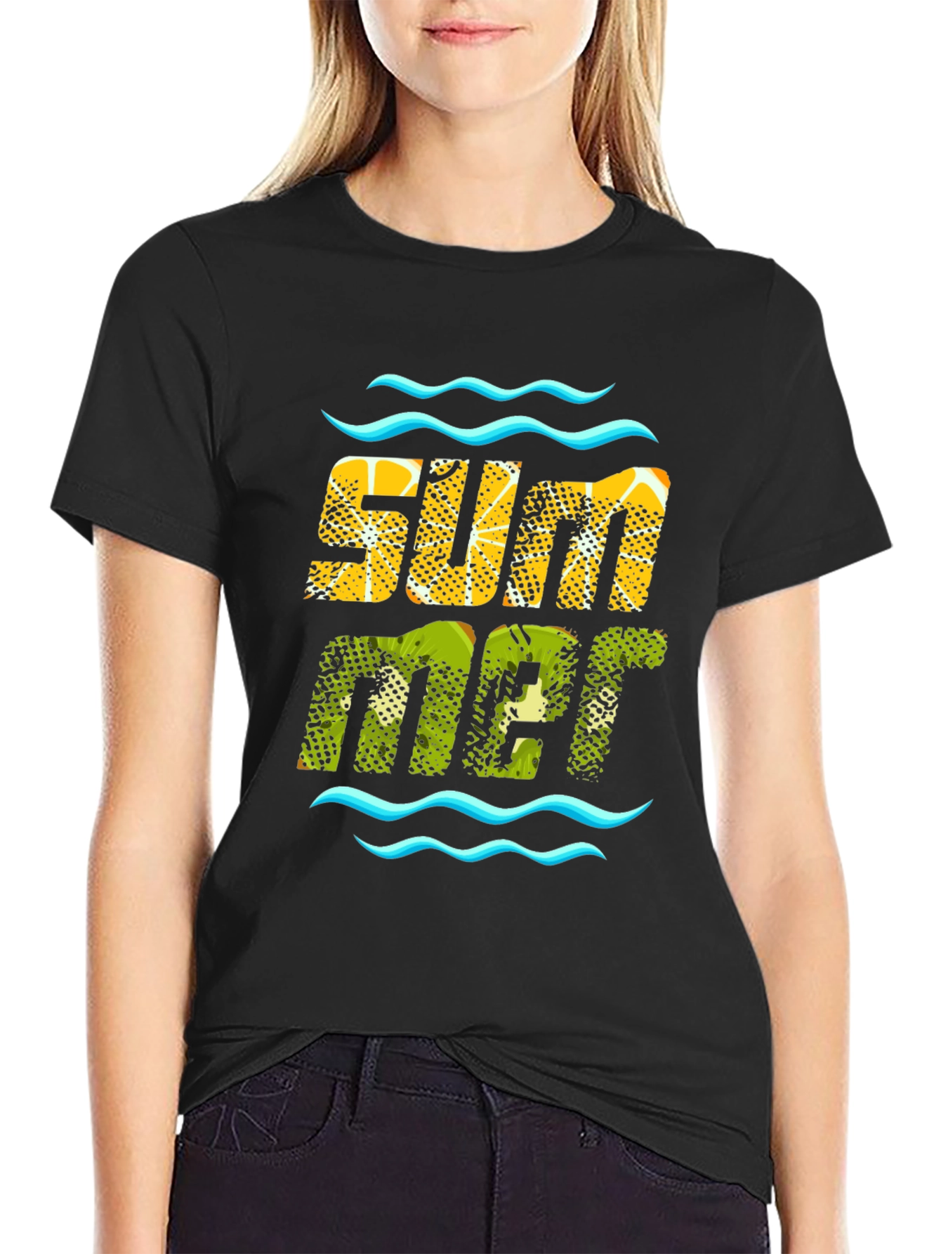 Summer Fruit Print Black T-Shirt