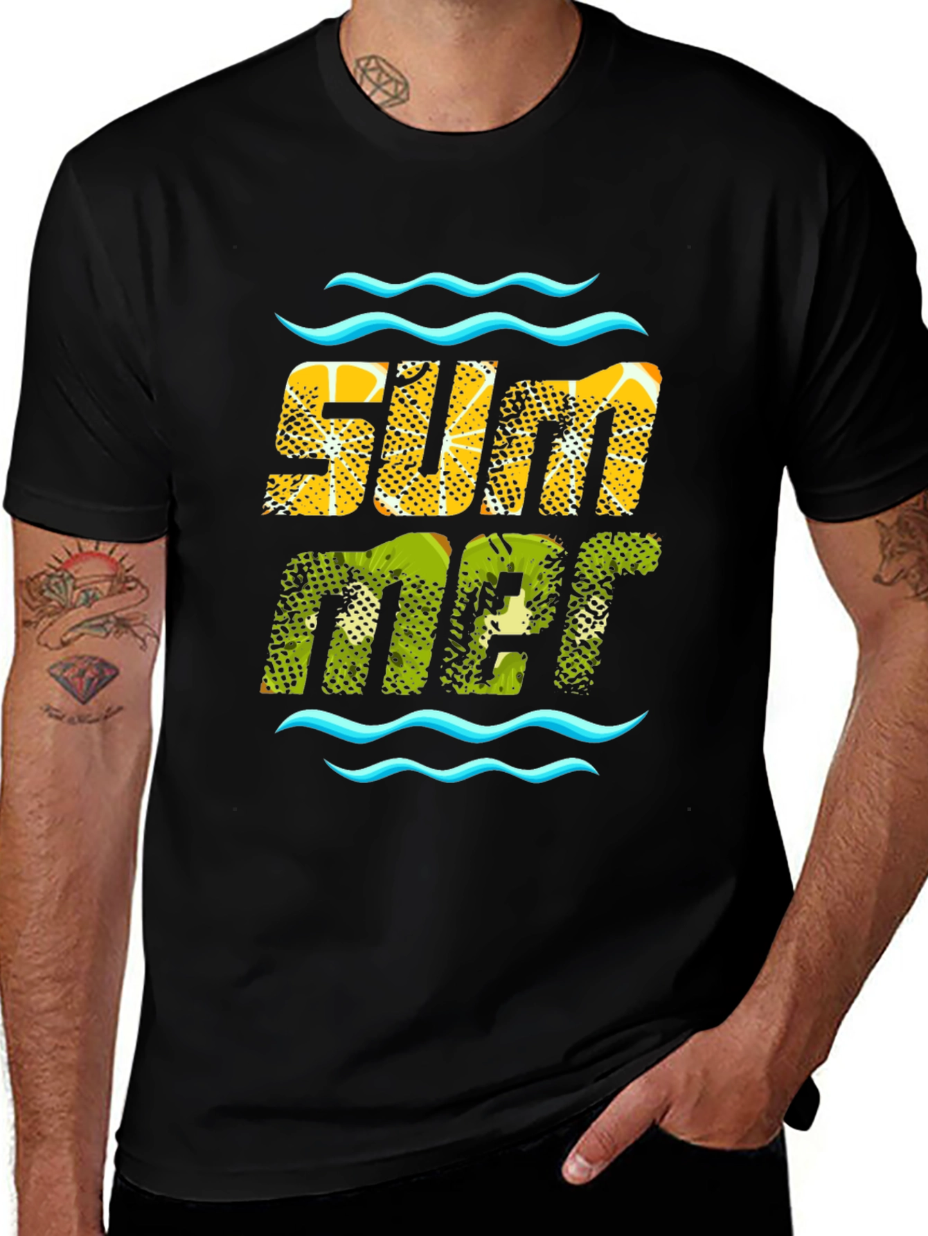 Summer Fruit Print Black T-Shirt