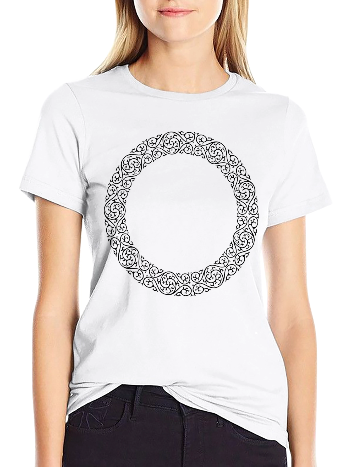 Elegant Black Tee with Circular Filigree Design