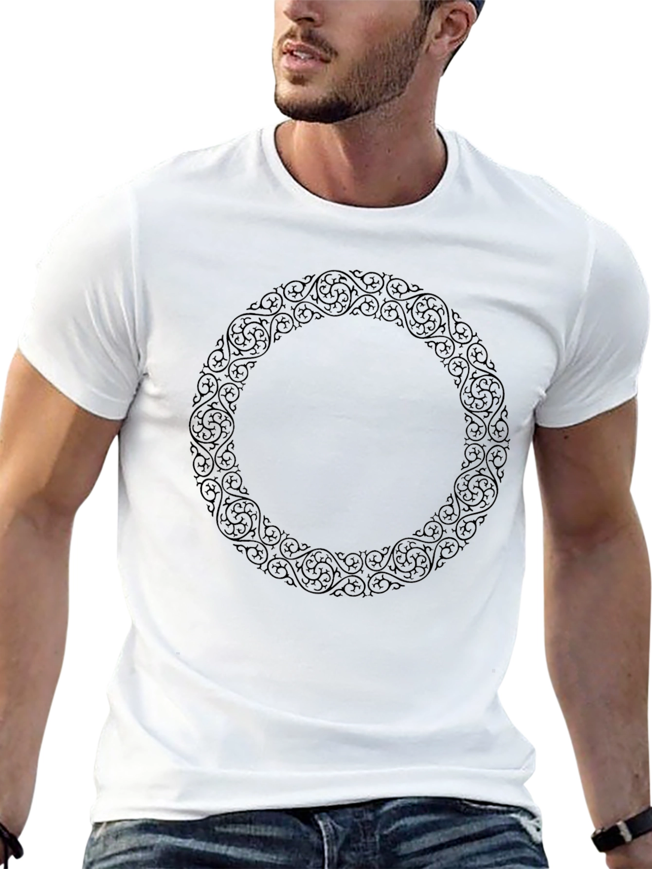 Elegant Black Tee with Circular Filigree Design