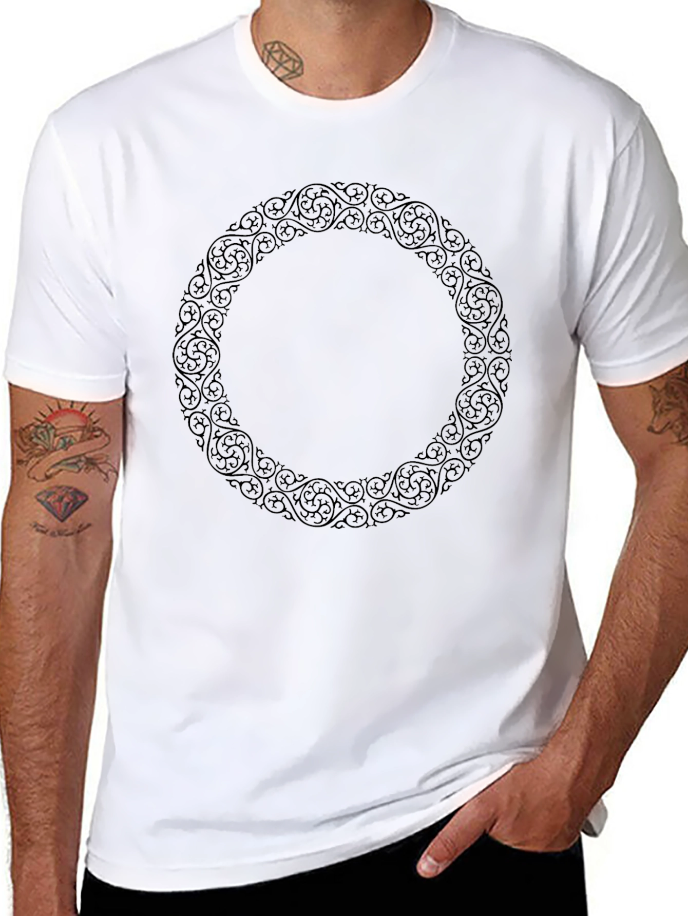 Elegant Black Tee with Circular Filigree Design