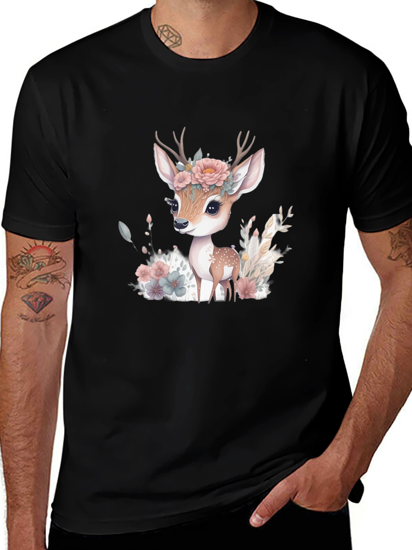 Floral Deer Graphic Tee - Mens Black T-Shirt