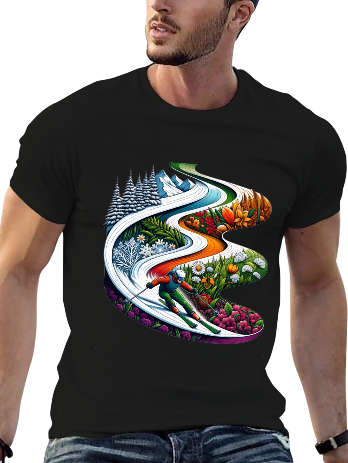 Seasons Skiing Graphic Tee -  Black Cotton T-Shirt