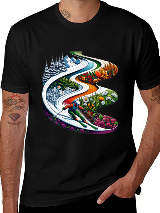 Seasons Skiing Graphic Tee -  Black Cotton T-Shirt