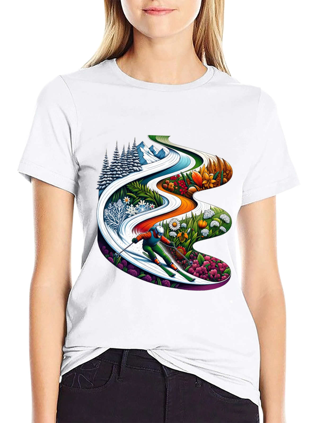 Seasons Skiing Graphic Tee -  Black Cotton T-Shirt