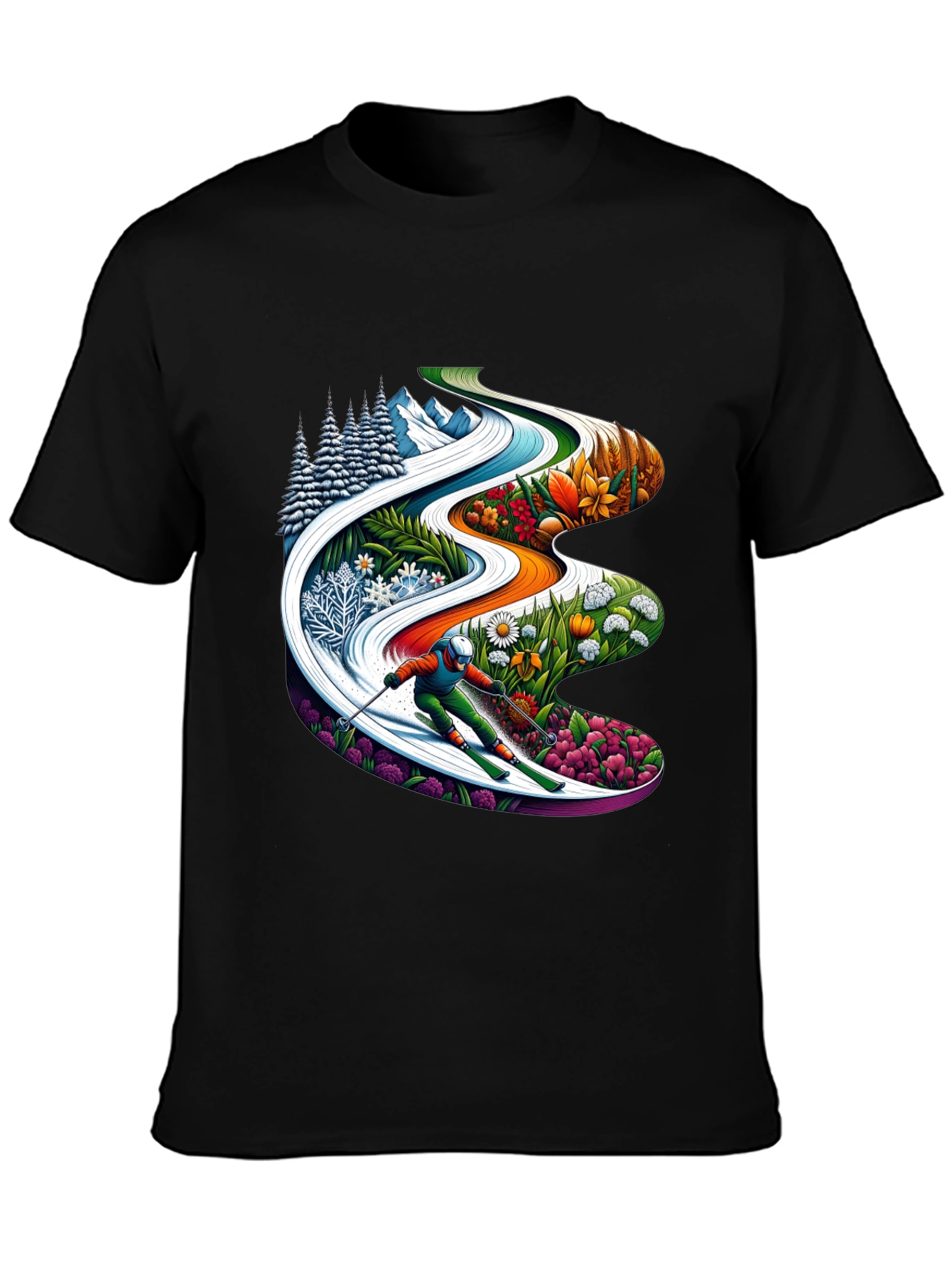 Seasons Skiing Graphic Tee -  Black Cotton T-Shirt