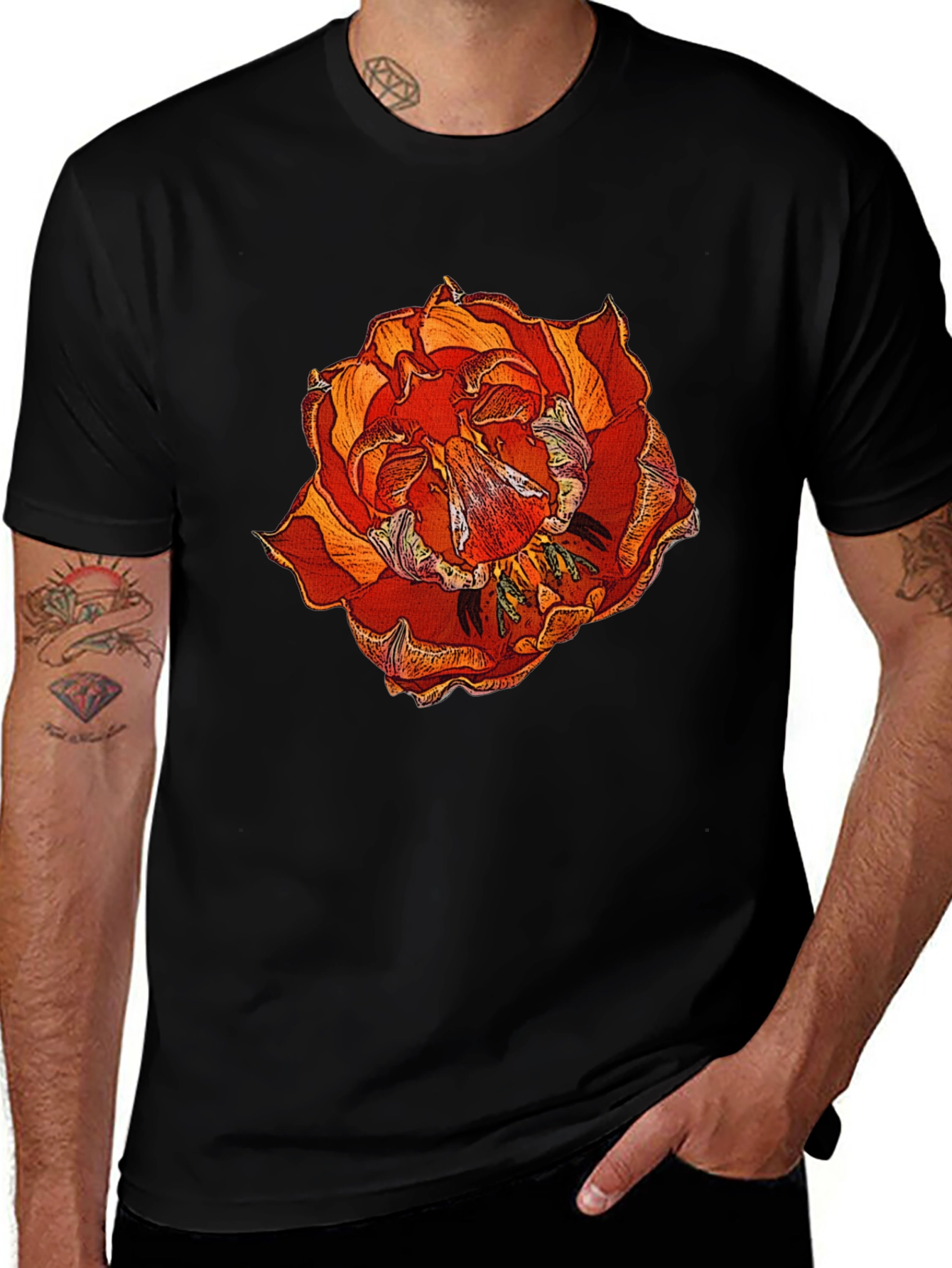 Floral Print Black Cotton T-Shirt