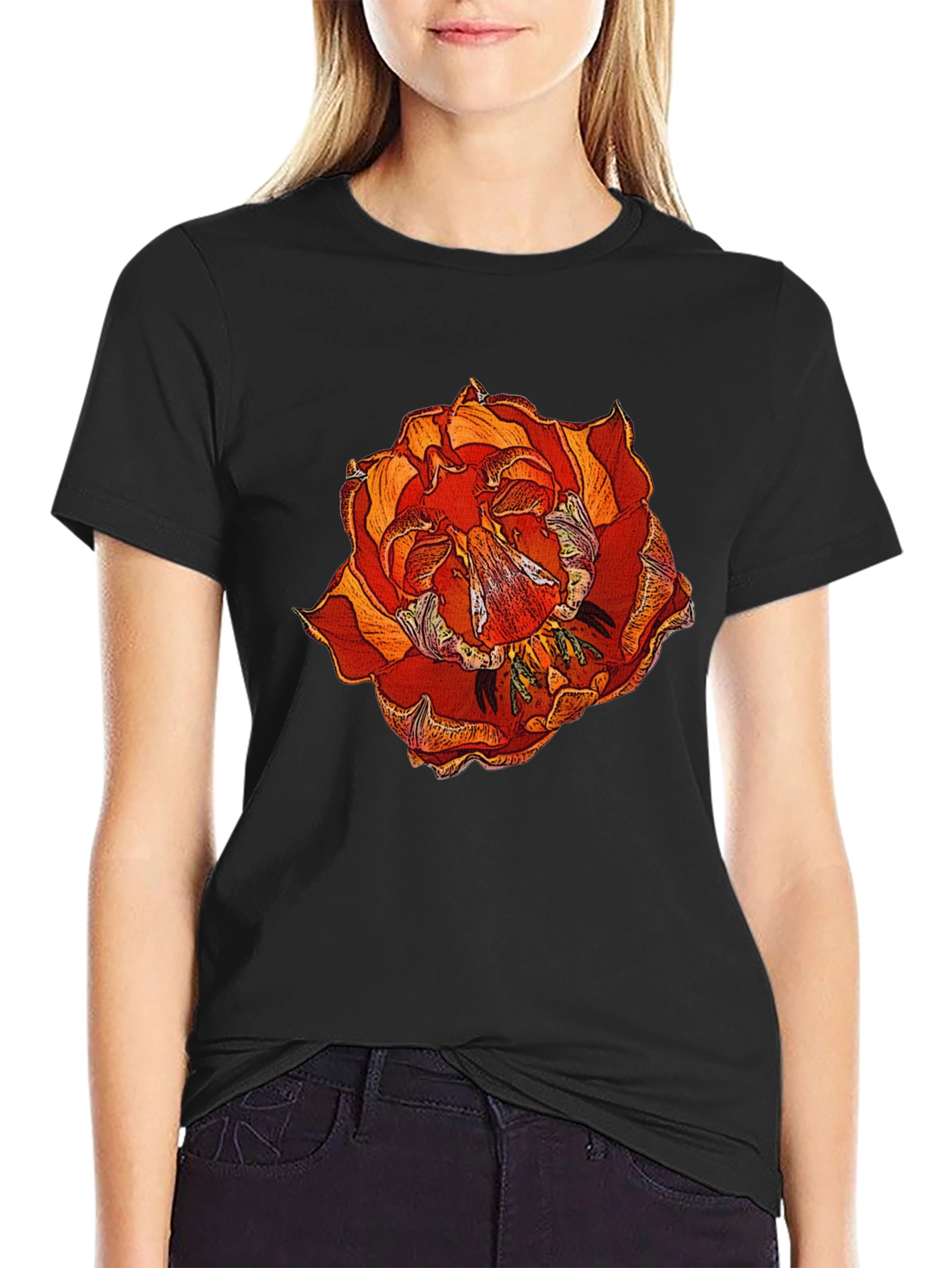 Floral Print Black Cotton T-Shirt