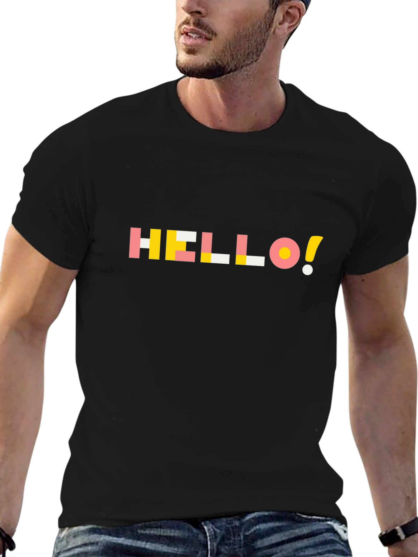 Geometric Hello Graphic Tee - Soft Black Cotton