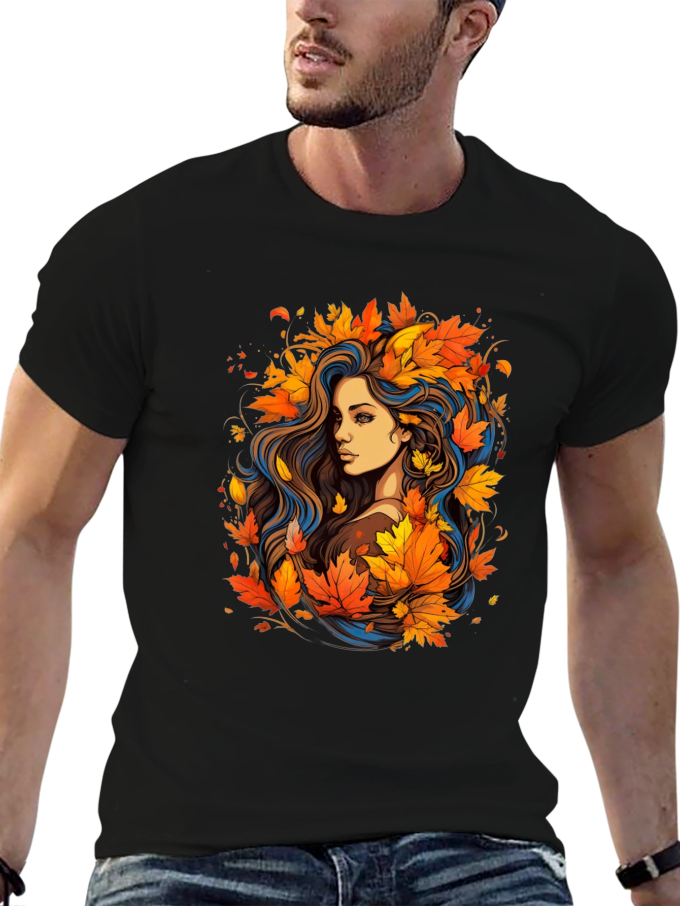 Autumn Beauty Tee - Woman with Fall Leaves Design