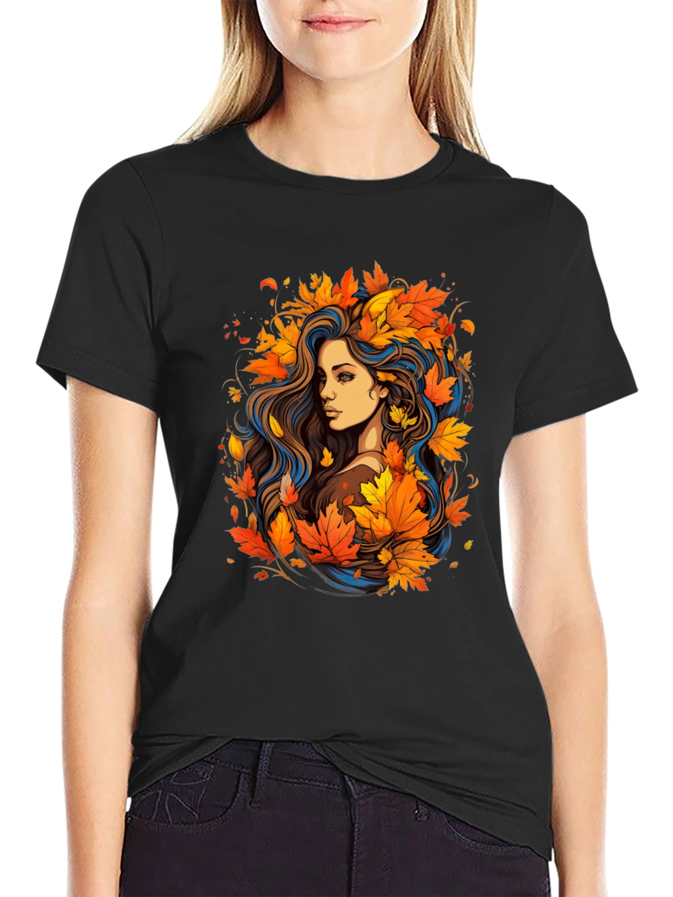 Autumn Beauty Tee - Woman with Fall Leaves Design