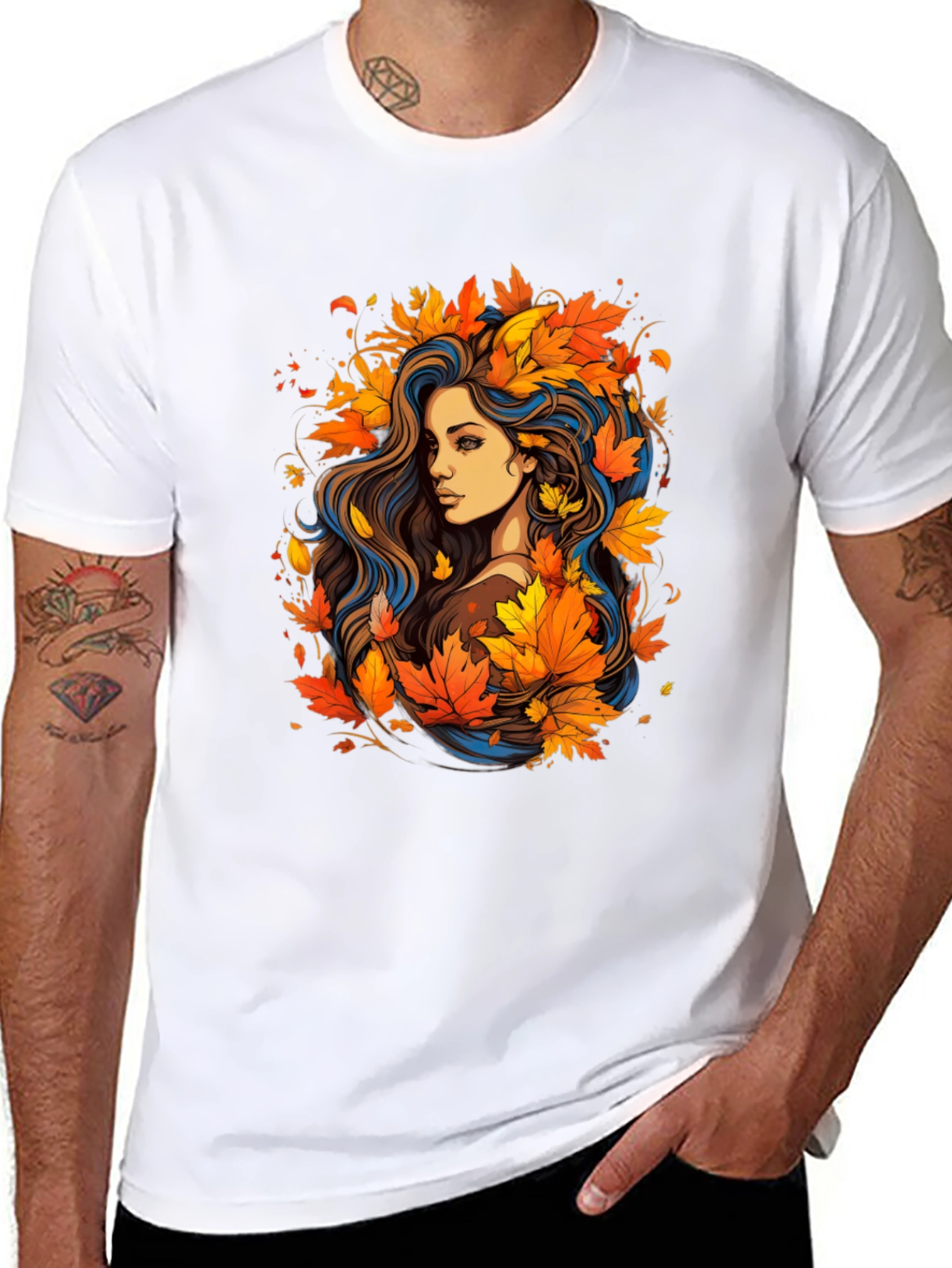 Autumn Beauty Tee - Woman with Fall Leaves Design