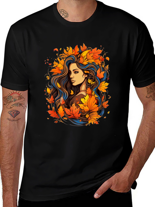 Autumn Beauty Tee - Woman with Fall Leaves Design