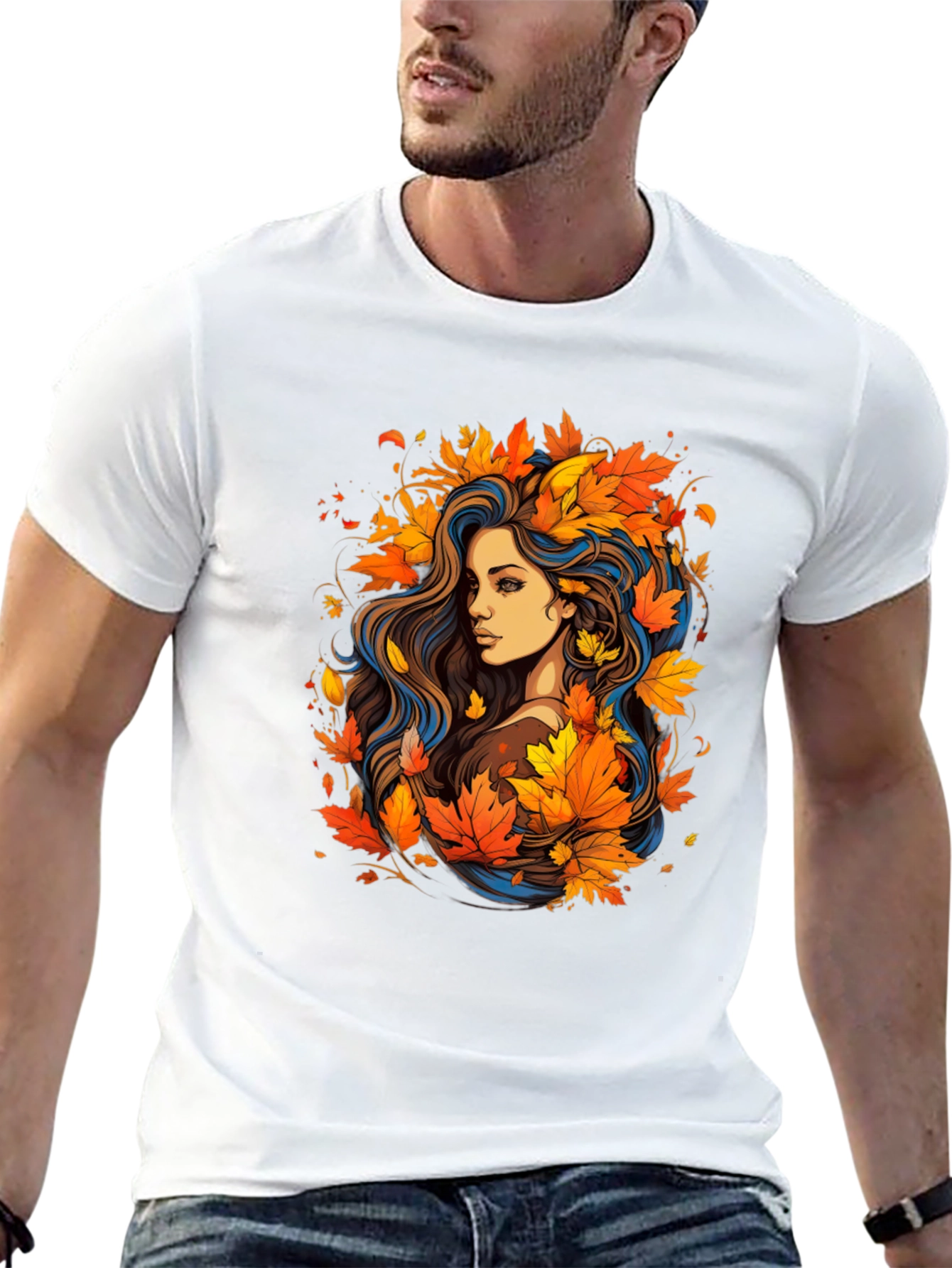 Autumn Beauty Tee - Woman with Fall Leaves Design