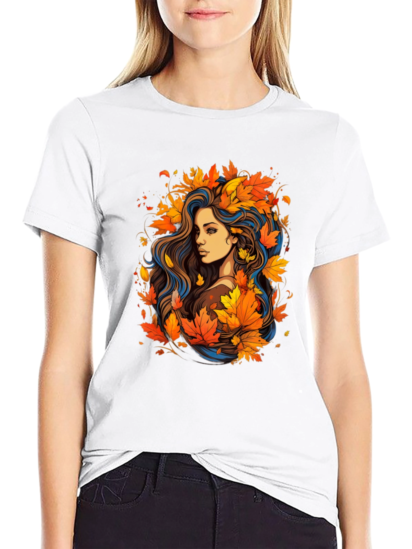 Autumn Beauty Tee - Woman with Fall Leaves Design