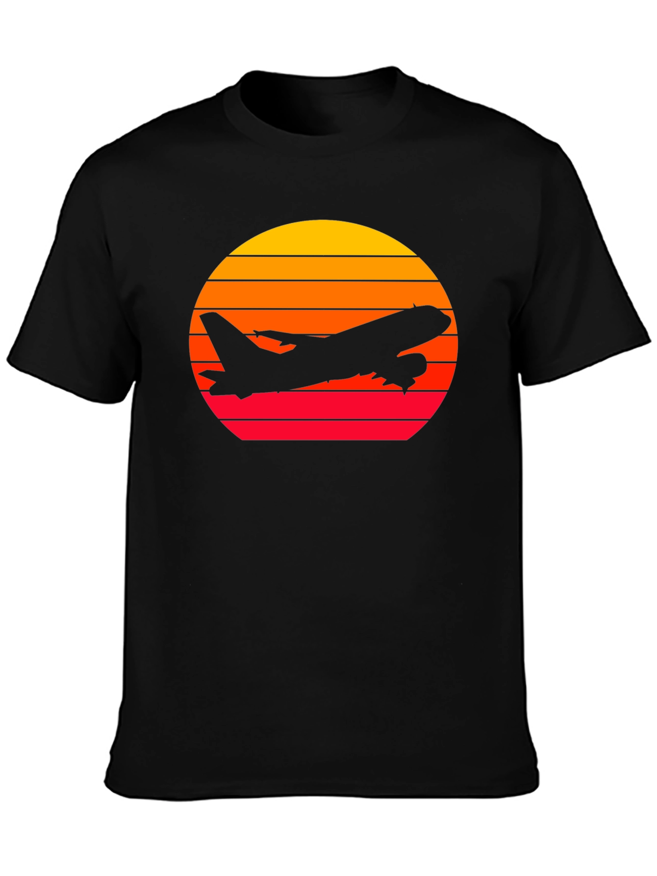 Sunset Airplane Graphic Tee - Black Cotton T-Shirt