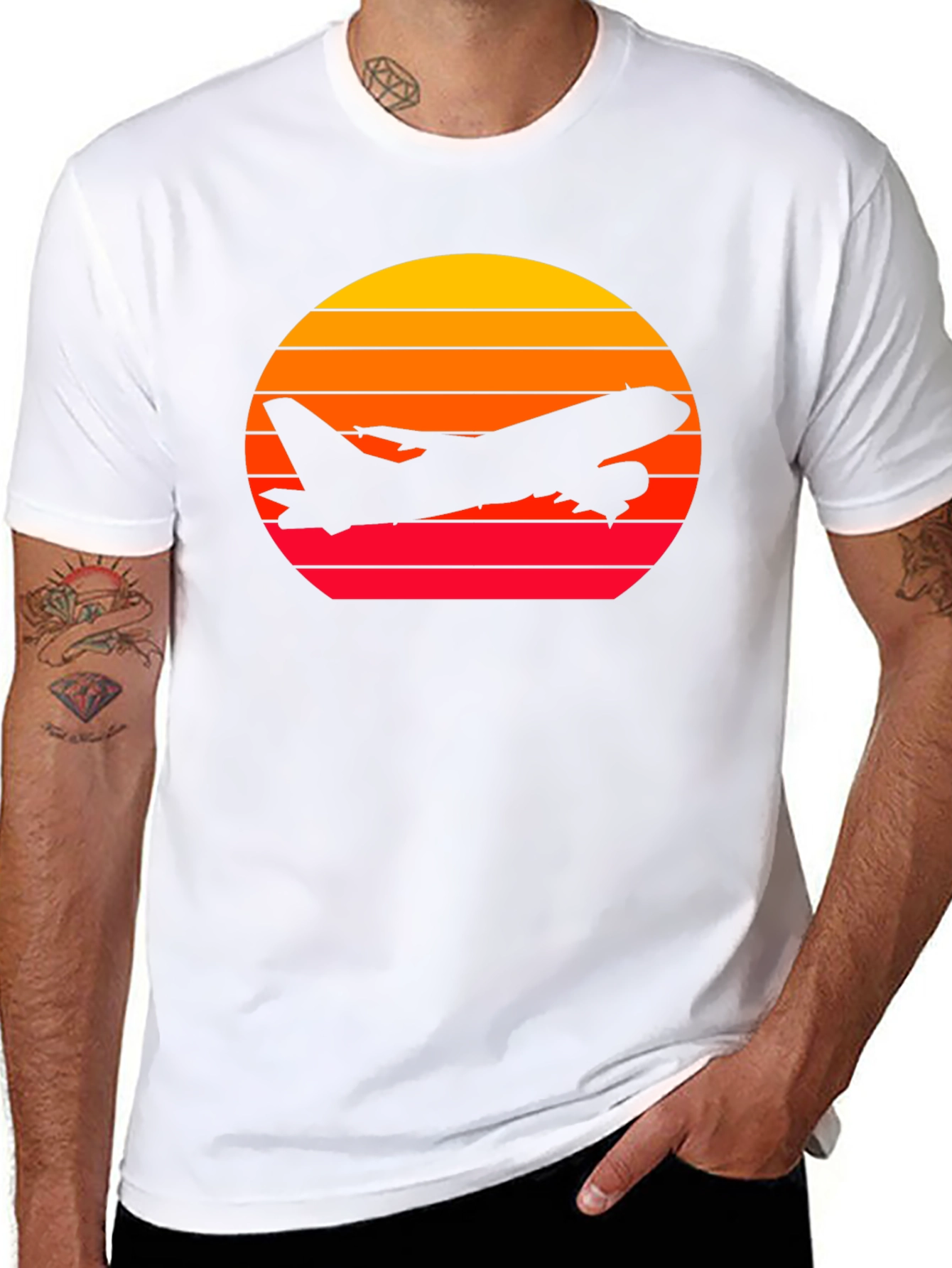 Sunset Airplane Graphic Tee - Black Cotton T-Shirt