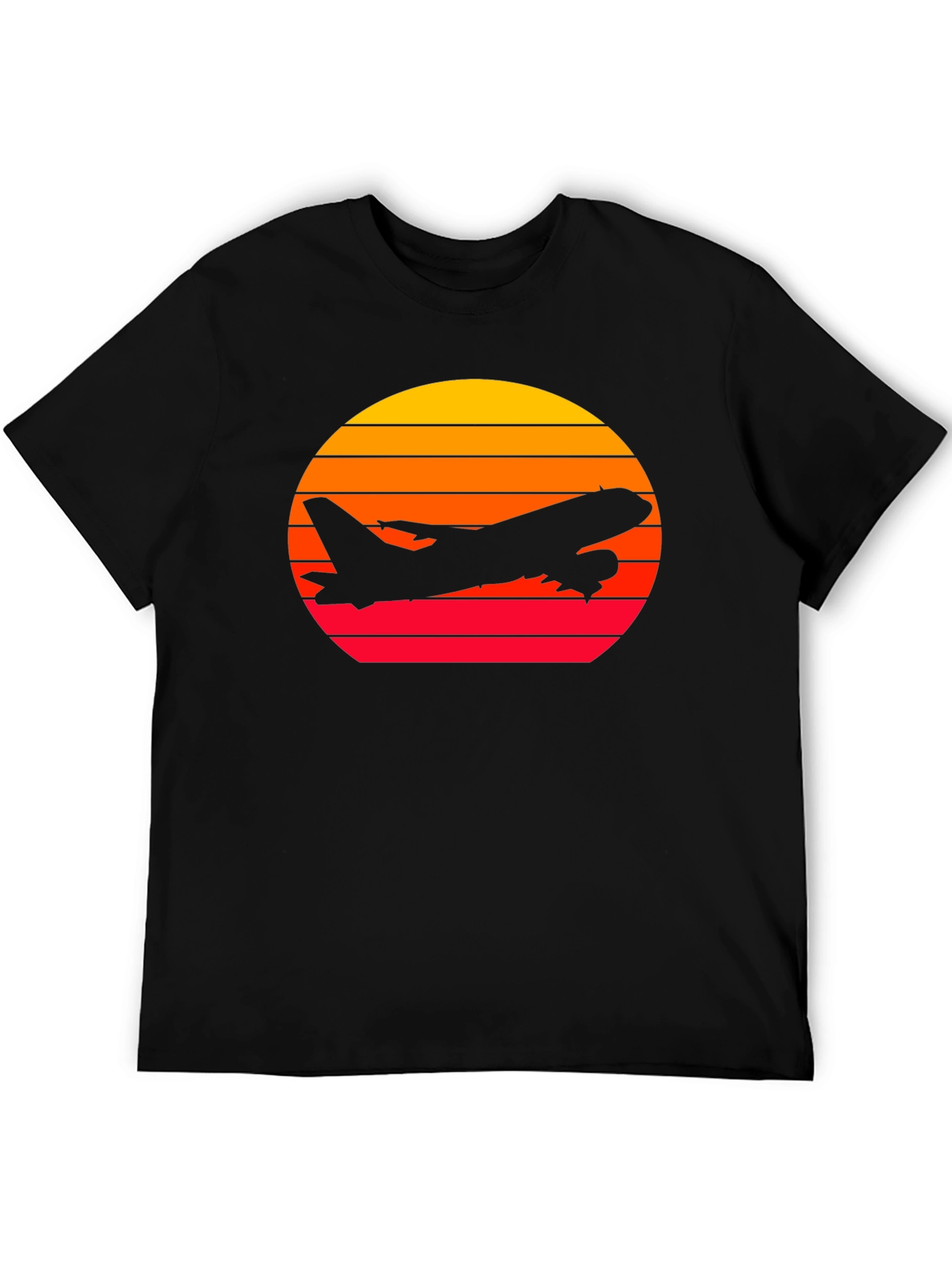 Sunset Airplane Graphic Tee - Black Cotton T-Shirt