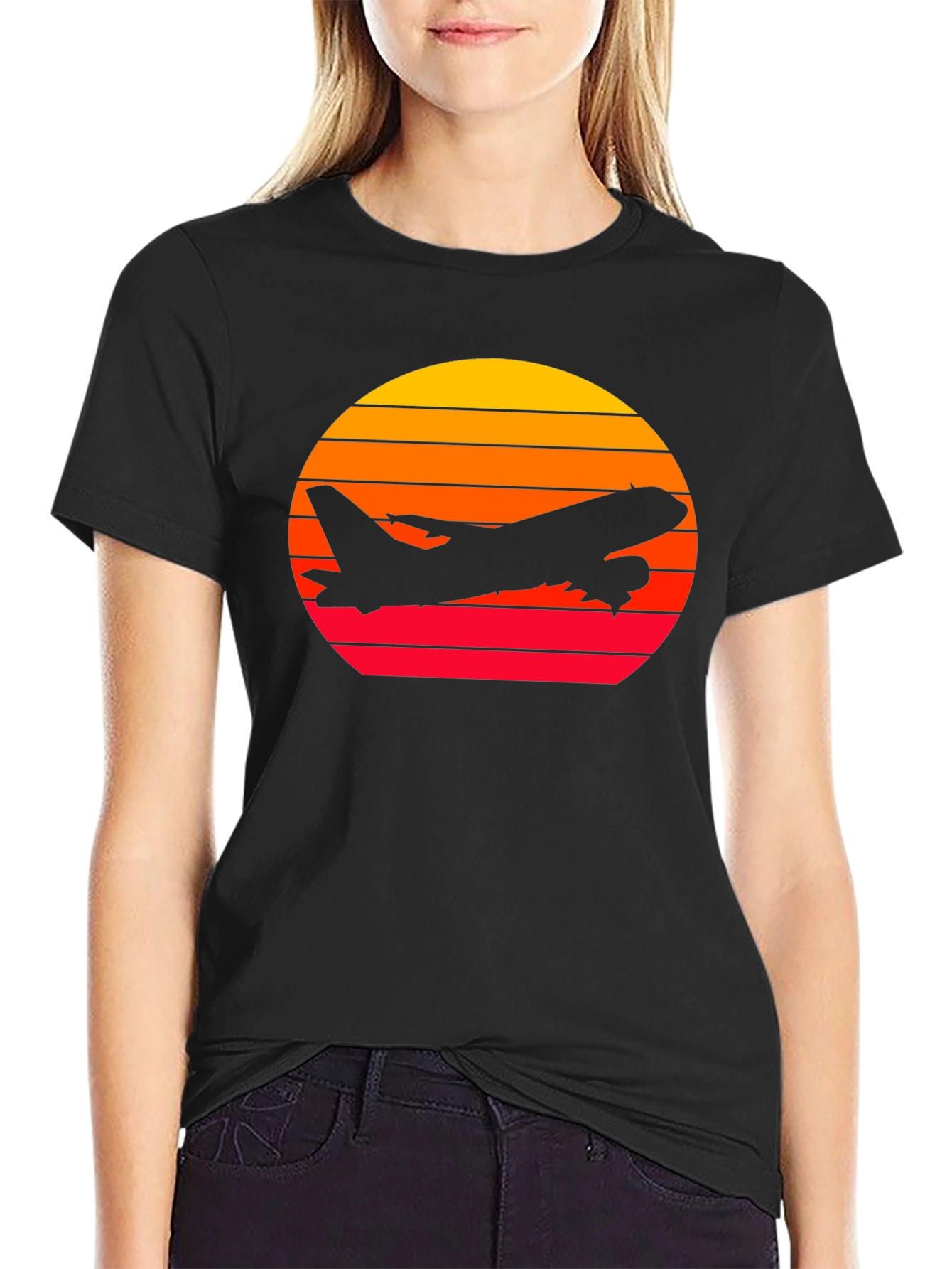 Sunset Airplane Graphic Tee - Black Cotton T-Shirt