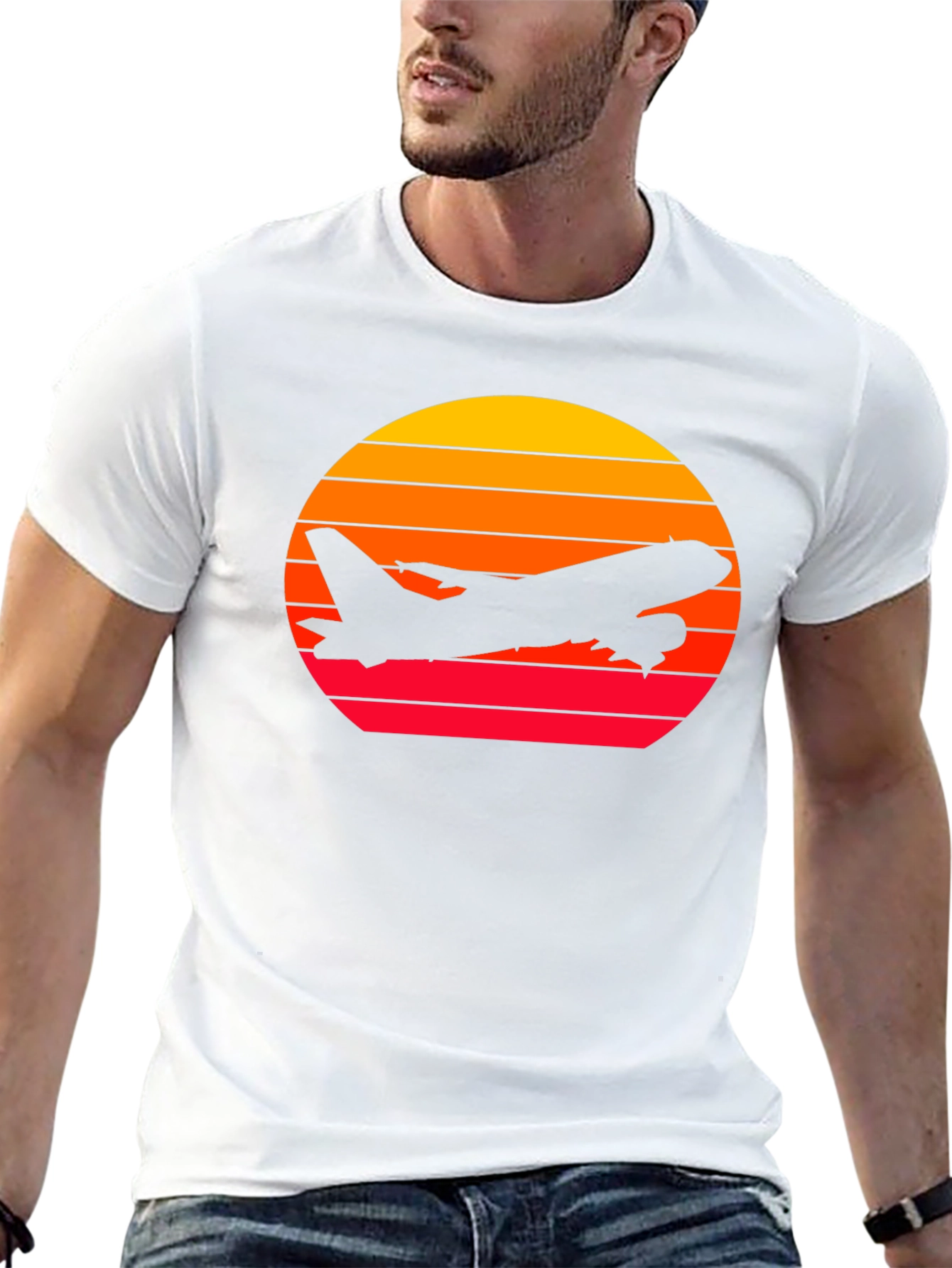 Sunset Airplane Graphic Tee - Black Cotton T-Shirt