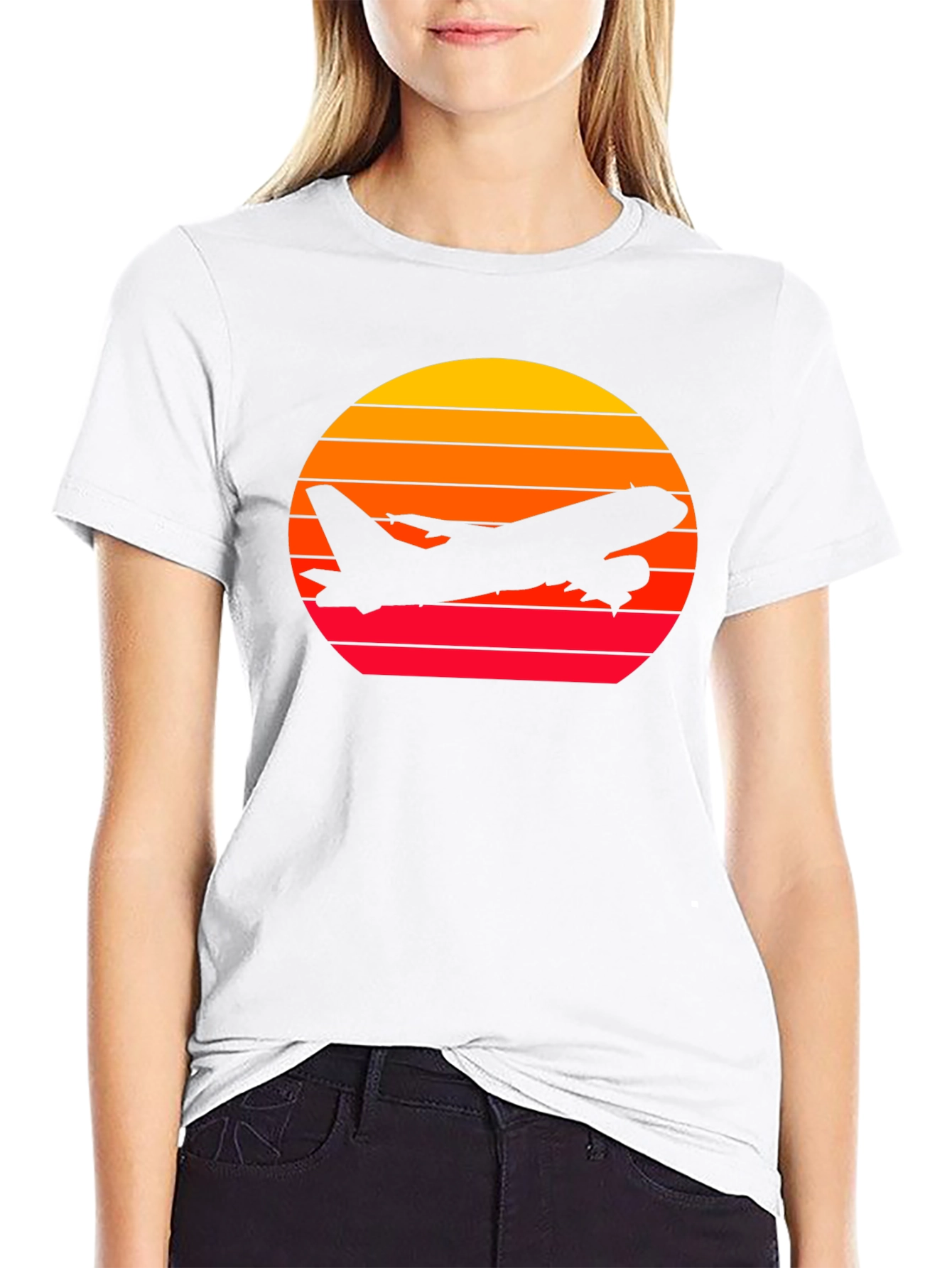 Sunset Airplane Graphic Tee - Black Cotton T-Shirt