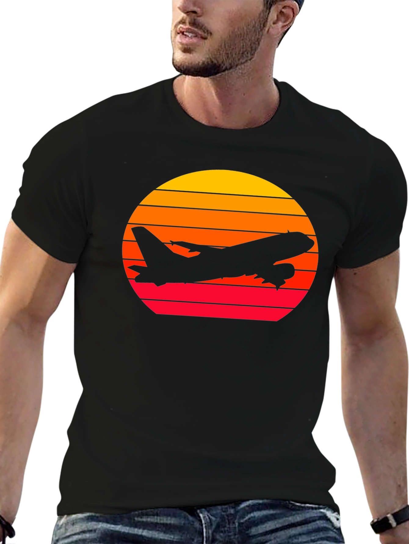 Sunset Airplane Graphic Tee - Black Cotton T-Shirt