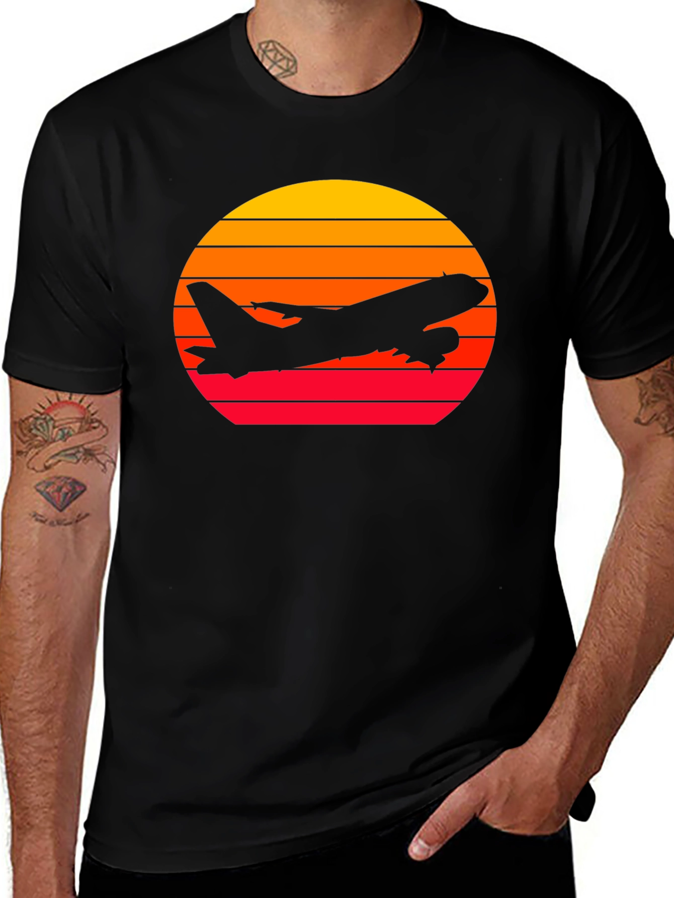 Sunset Airplane Graphic Tee - Black Cotton T-Shirt
