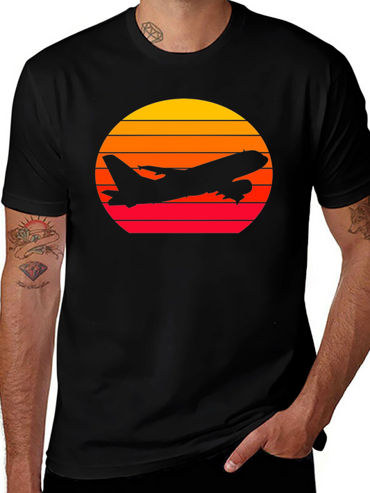 Sunset Airplane Graphic Tee - Black Cotton T-Shirt